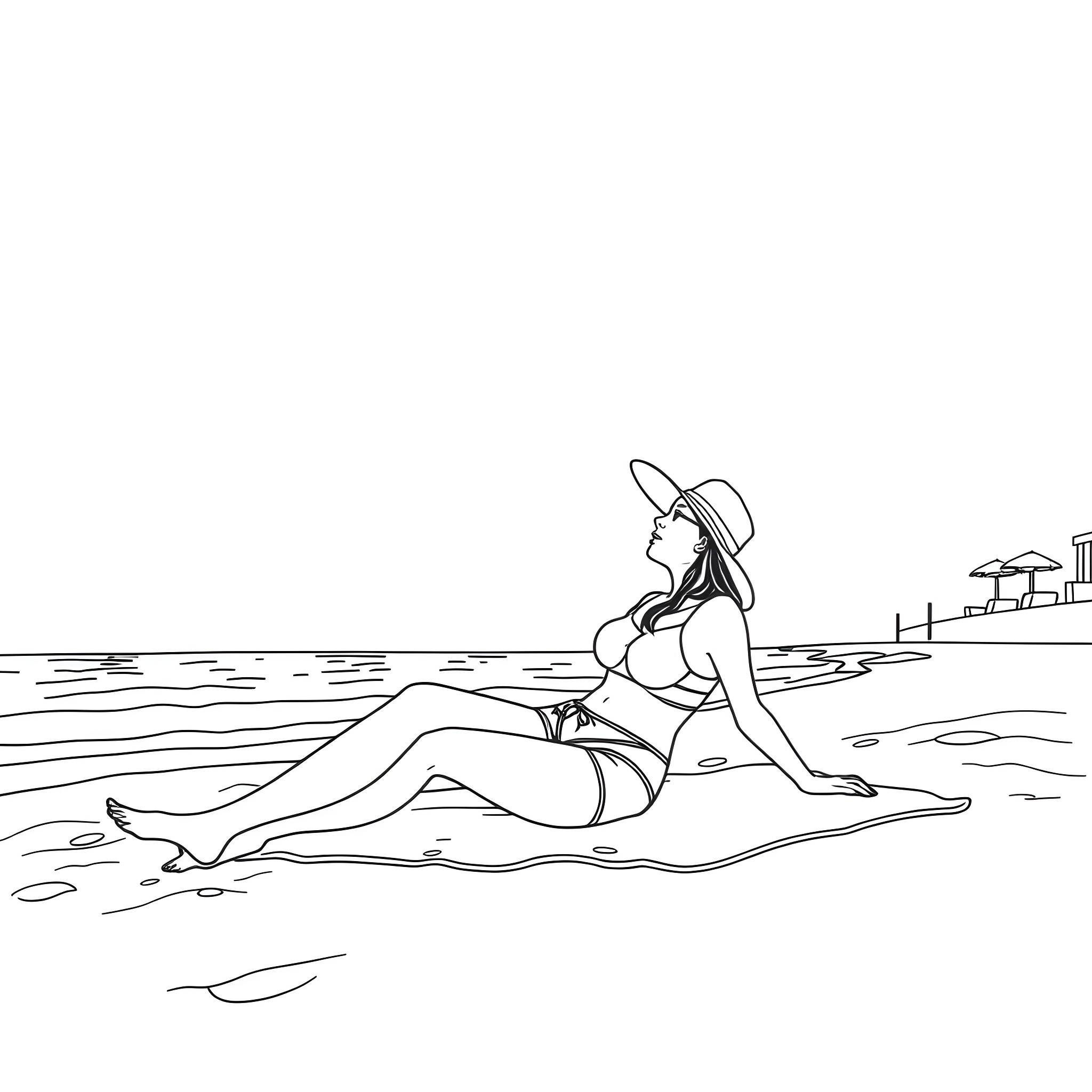 Girl sunbathing on the beach Coloring Page (free black-and-white line drawing printable PDF for all, from beginners to advanced learners, including children, teens, adults, and seniors)