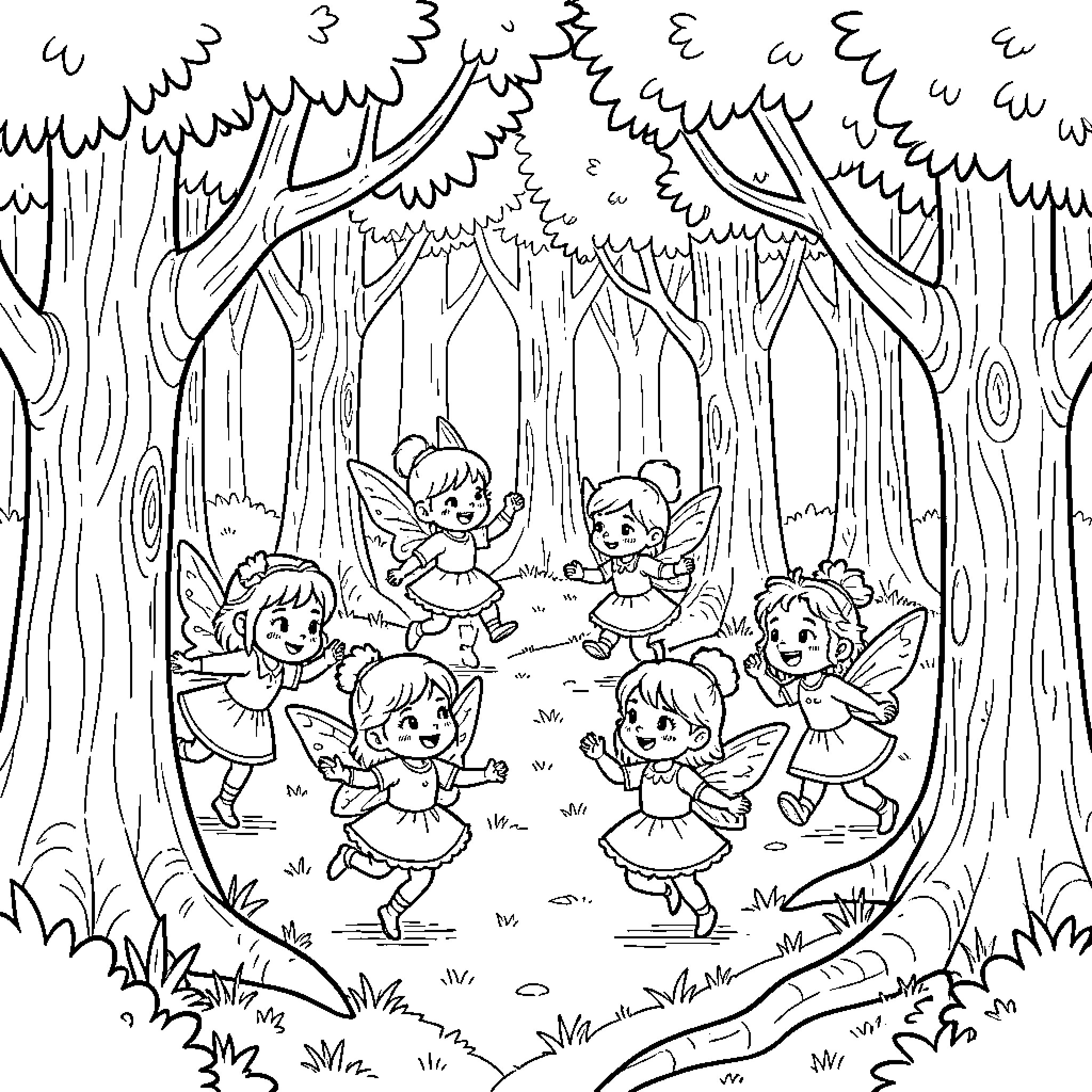 Forest Fairy children dancing joyfully in a woodland clearing Coloring Page (free black-and-white line drawing printable PDF for all, from beginners to advanced learners, including children, teens, adults, and seniors)