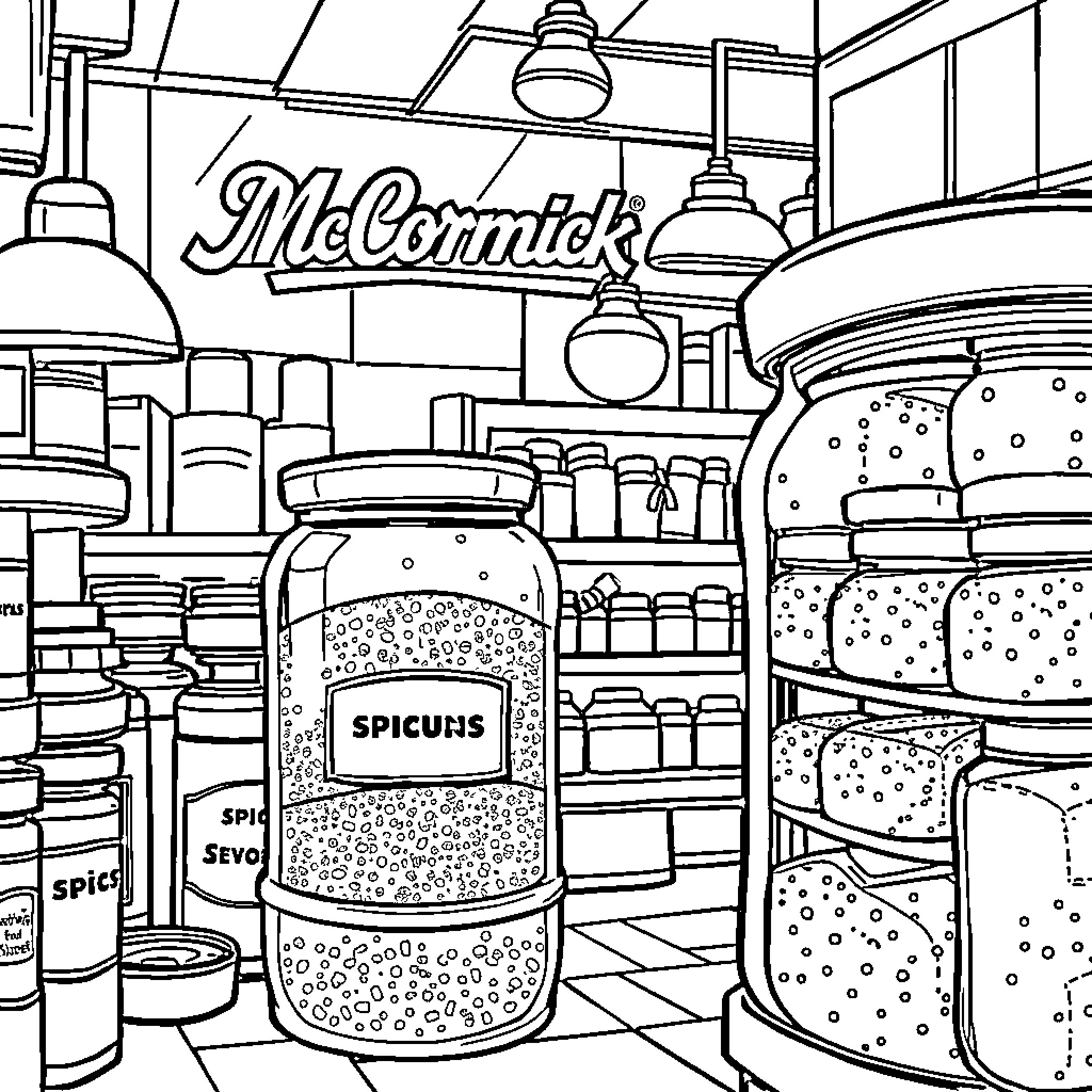Mccormick Spices and Seasonings on Shelves Coloring Page (free black-and-white line drawing printable PDF for all, from beginners to advanced learners, including children, teens, adults, and seniors)