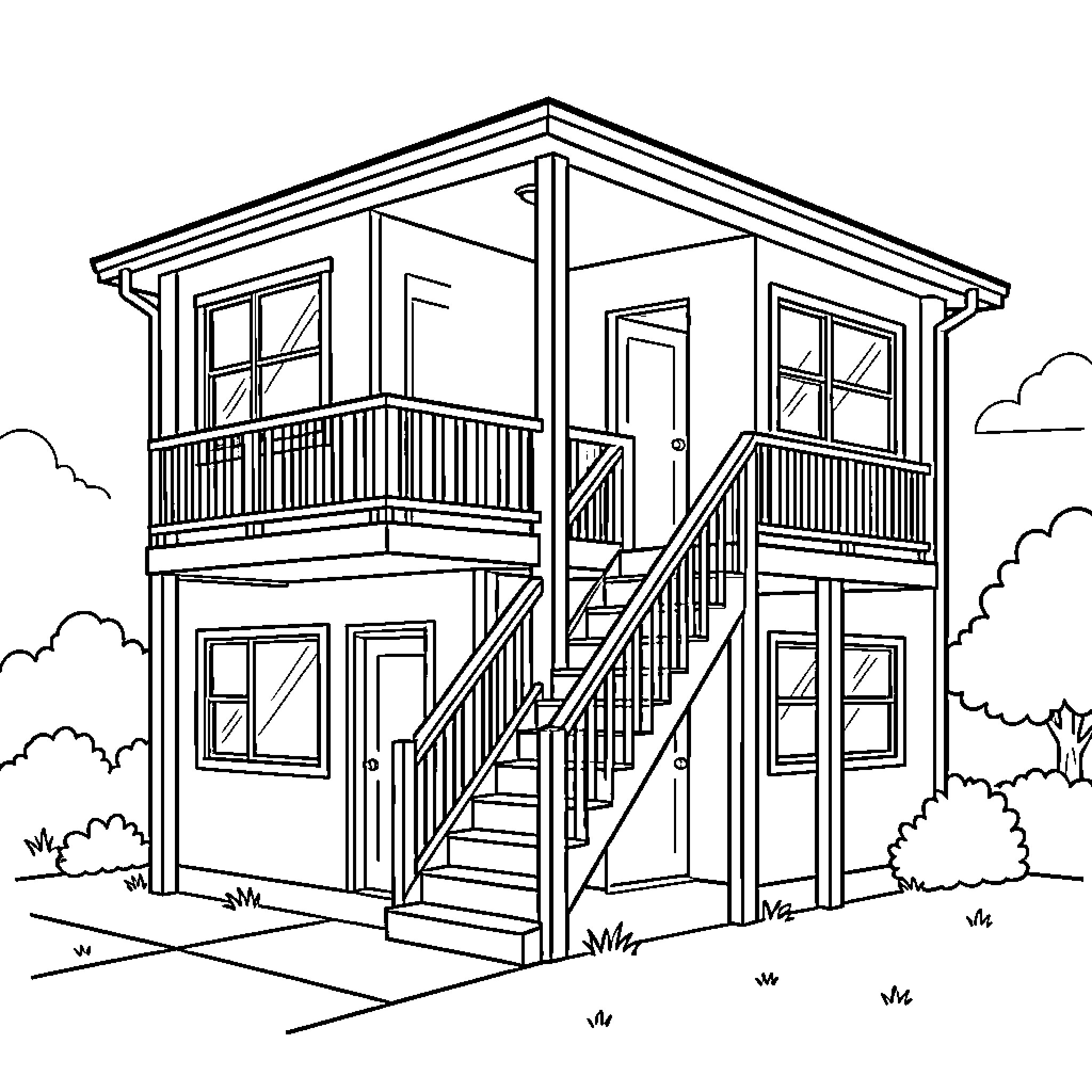 Duplex house with stairs and balconies Coloring Page (free black-and-white line drawing printable PDF for all, from beginners to advanced learners, including children, teens, adults, and seniors)