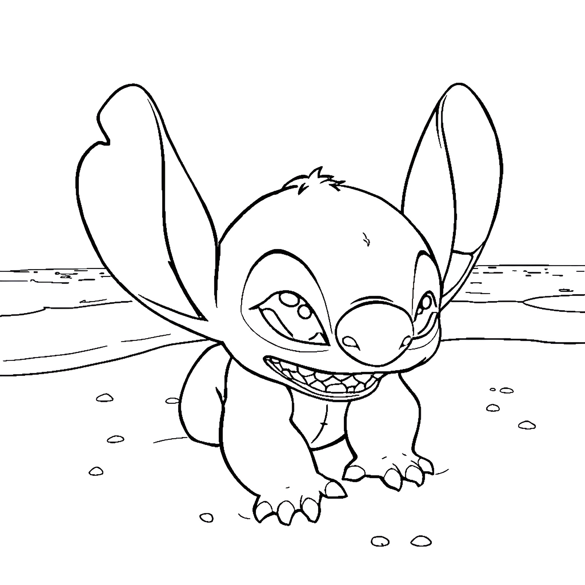 Stitch smiling mischievously on the beach Coloring Page (free black-and-white line drawing printable PDF for all, from beginners to advanced learners, including children, teens, adults, and seniors)