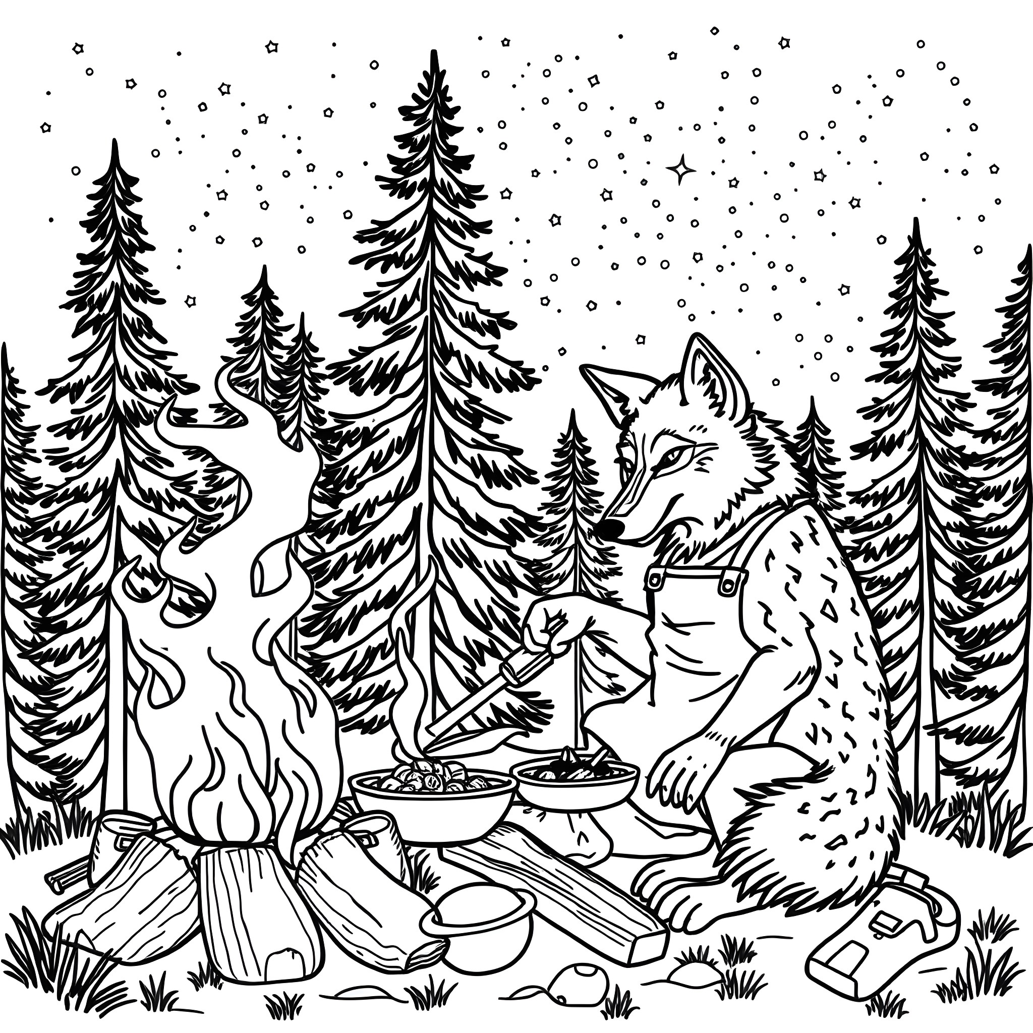 Wolf enjoying a cozy campfire in snowy forest Coloring Page (free black-and-white line drawing printable PDF for all, from beginners to advanced learners, including children, teens, adults, and seniors)