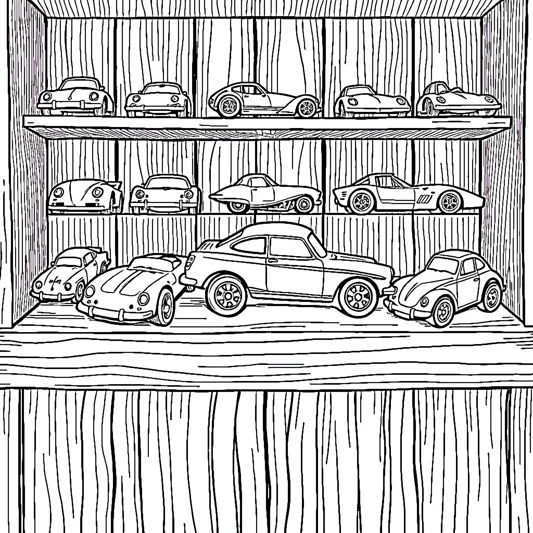 Hot Wheels car collection on display shelves Coloring Page (free black-and-white line drawing printable PDF for all, from beginners to advanced learners, including children, teens, adults, and seniors)