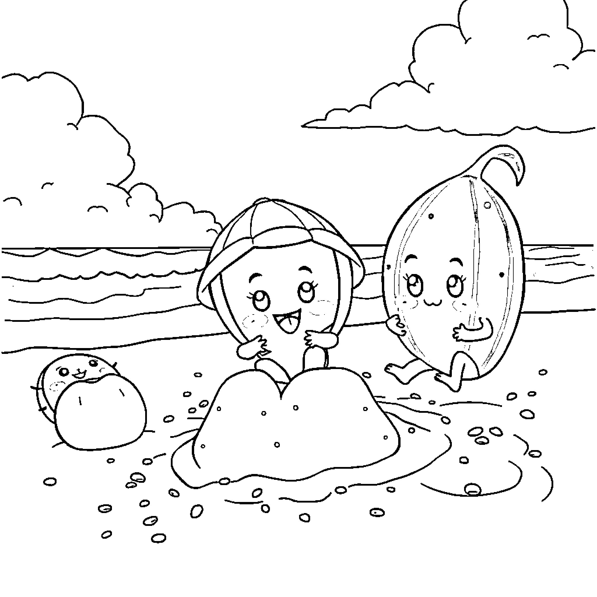 Cocomelon characters playing on the beach Coloring Page (free black-and-white line drawing printable PDF for all, from beginners to advanced learners, including children, teens, adults, and seniors)