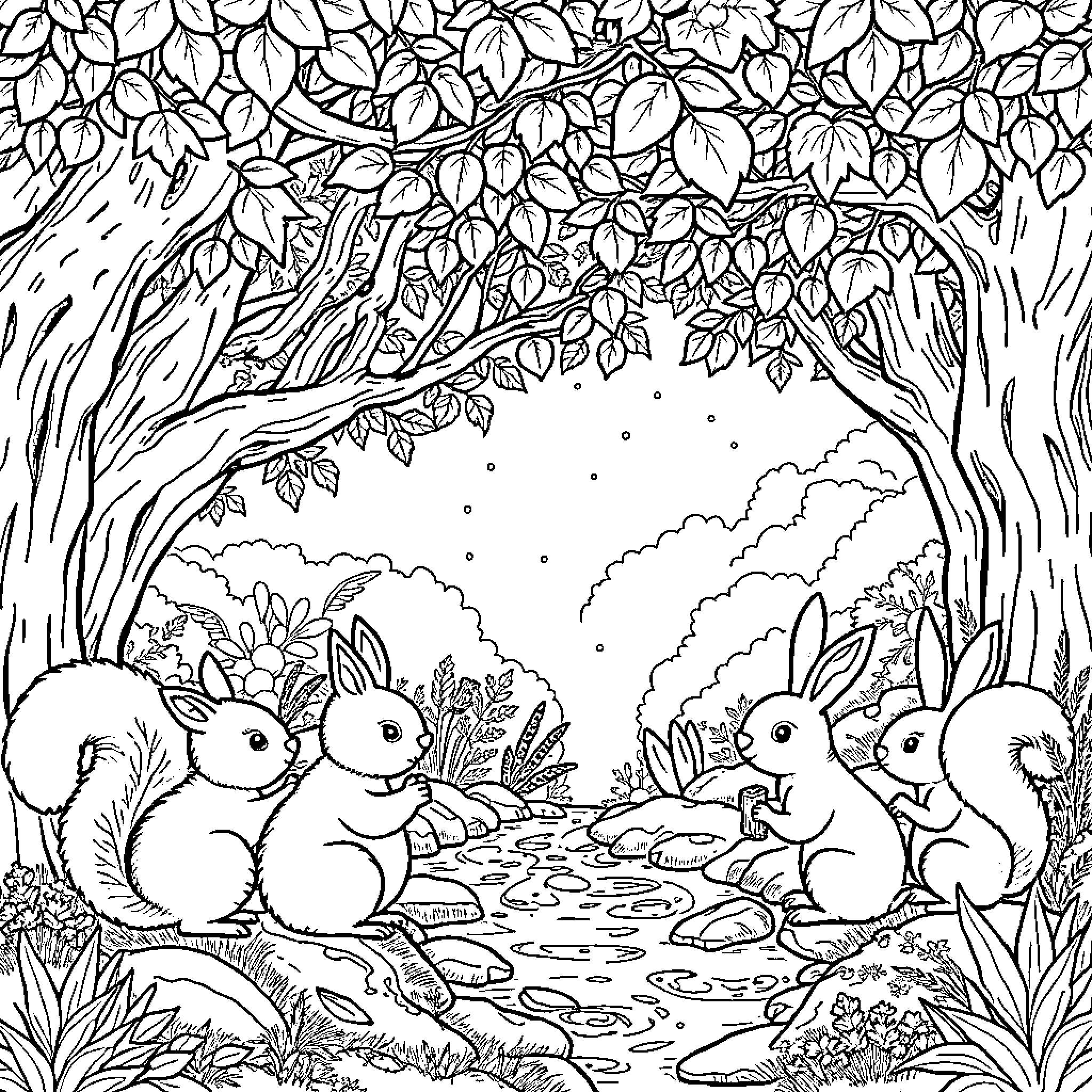 Woodland Creatures Gathering in the Forest Coloring Page (free black-and-white line drawing printable PDF for all, from beginners to advanced learners, including children, teens, adults, and seniors)