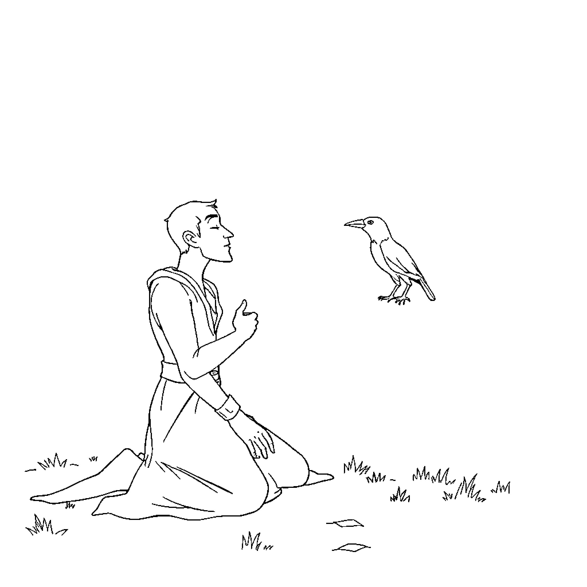 Sandman speaking to a mystical bird in nature Coloring Page (free black-and-white line drawing printable PDF for all, from beginners to advanced learners, including children, teens, adults, and seniors)