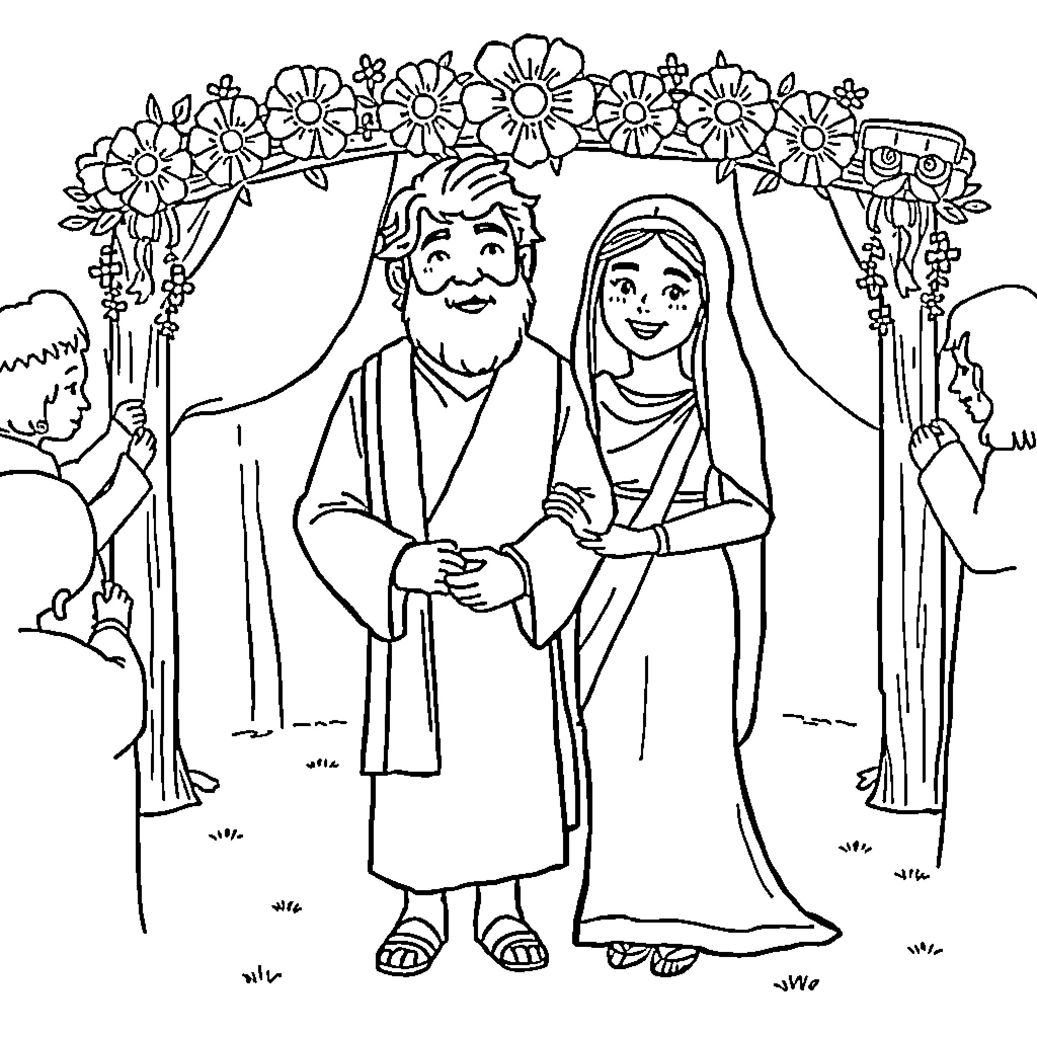 Isaac's Joyful Wedding Celebration Coloring Page (free black-and-white line drawing printable PDF for all, from beginners to advanced learners, including children, teens, adults, and seniors)