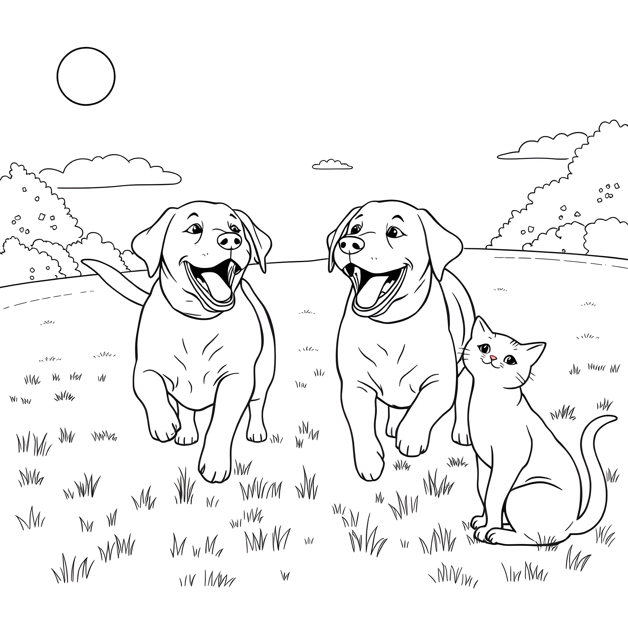 Labrador dogs and a cat in a scenic landscape Coloring Page (free black-and-white line drawing printable PDF for all, from beginners to advanced learners, including children, teens, adults, and seniors)