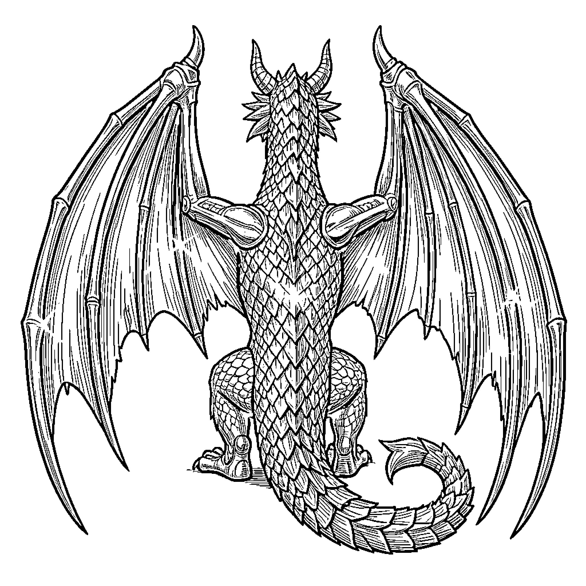 Dragon with Majestic Wings and Horns Coloring Page (free black-and-white line drawing printable PDF for all, from beginners to advanced learners, including children, teens, adults, and seniors)