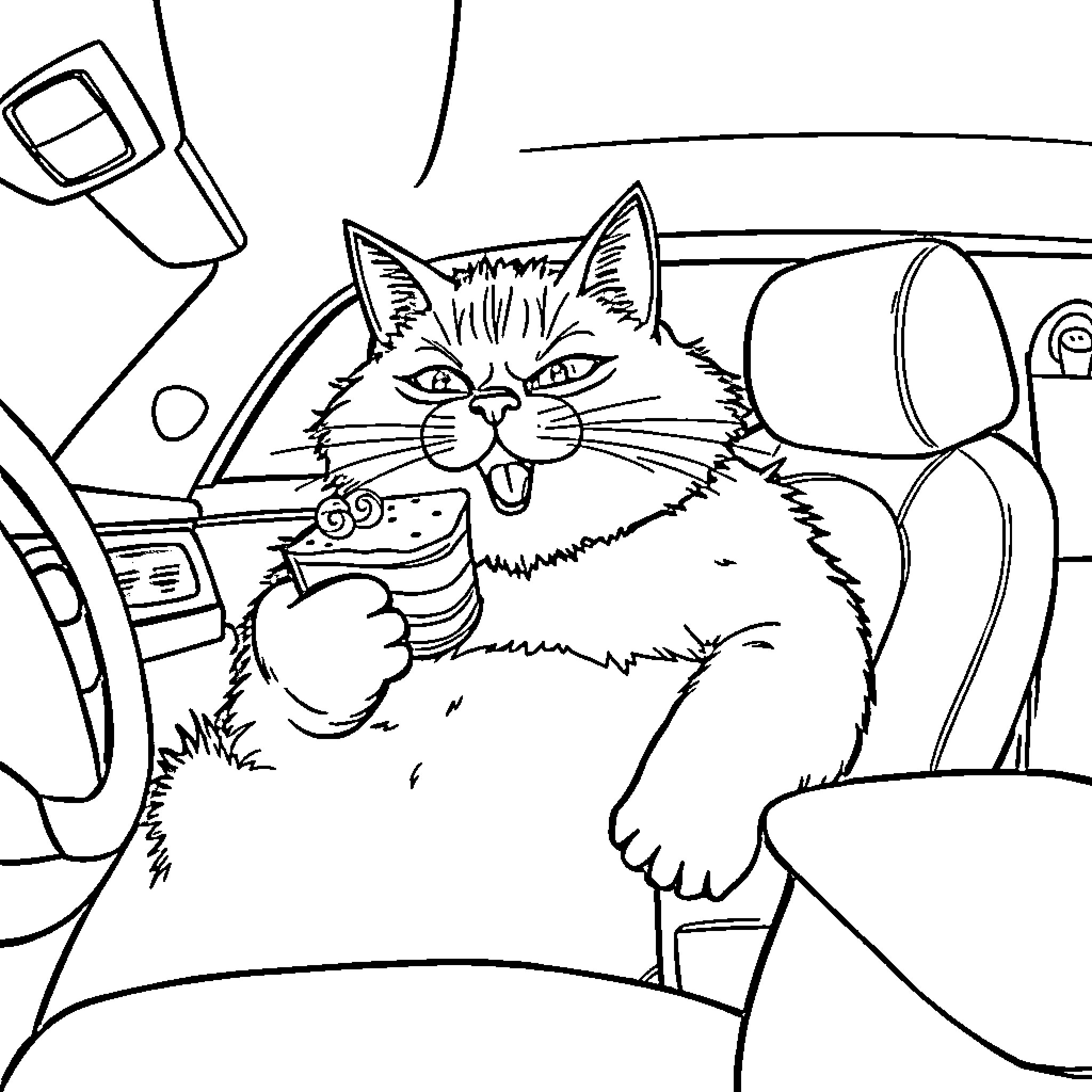 Cat relaxing in the car Coloring Page (free black-and-white line drawing printable PDF for all, from beginners to advanced learners, including children, teens, adults, and seniors)