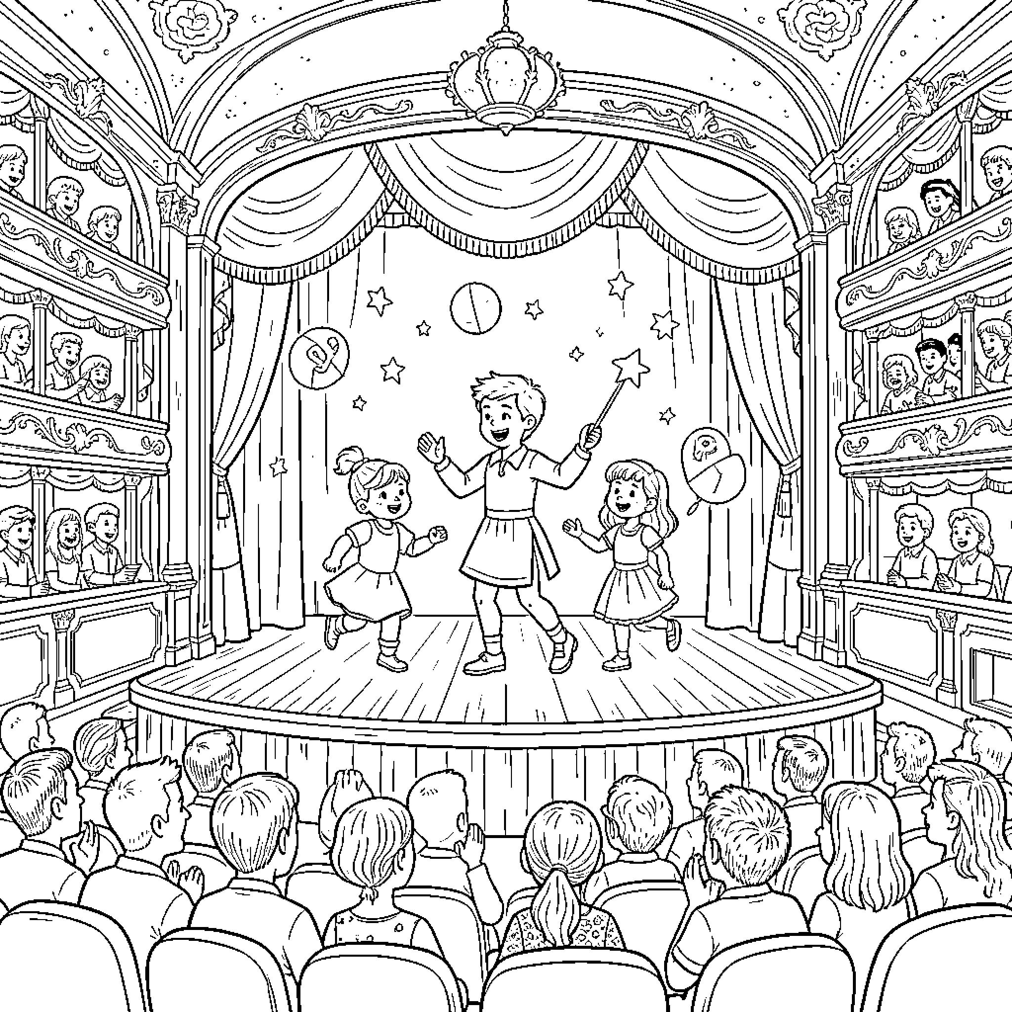 Act of Theatrical Performance on Stage Coloring Page (free black-and-white line drawing printable PDF for all, from beginners to advanced learners, including children, teens, adults, and seniors)