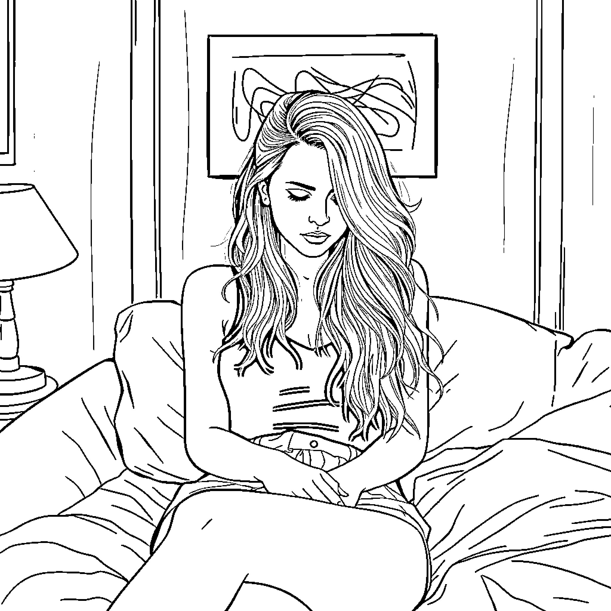 Avril Lavigne in casual pose on bed Coloring Page (free black-and-white line drawing printable PDF for all, from beginners to advanced learners, including children, teens, adults, and seniors)