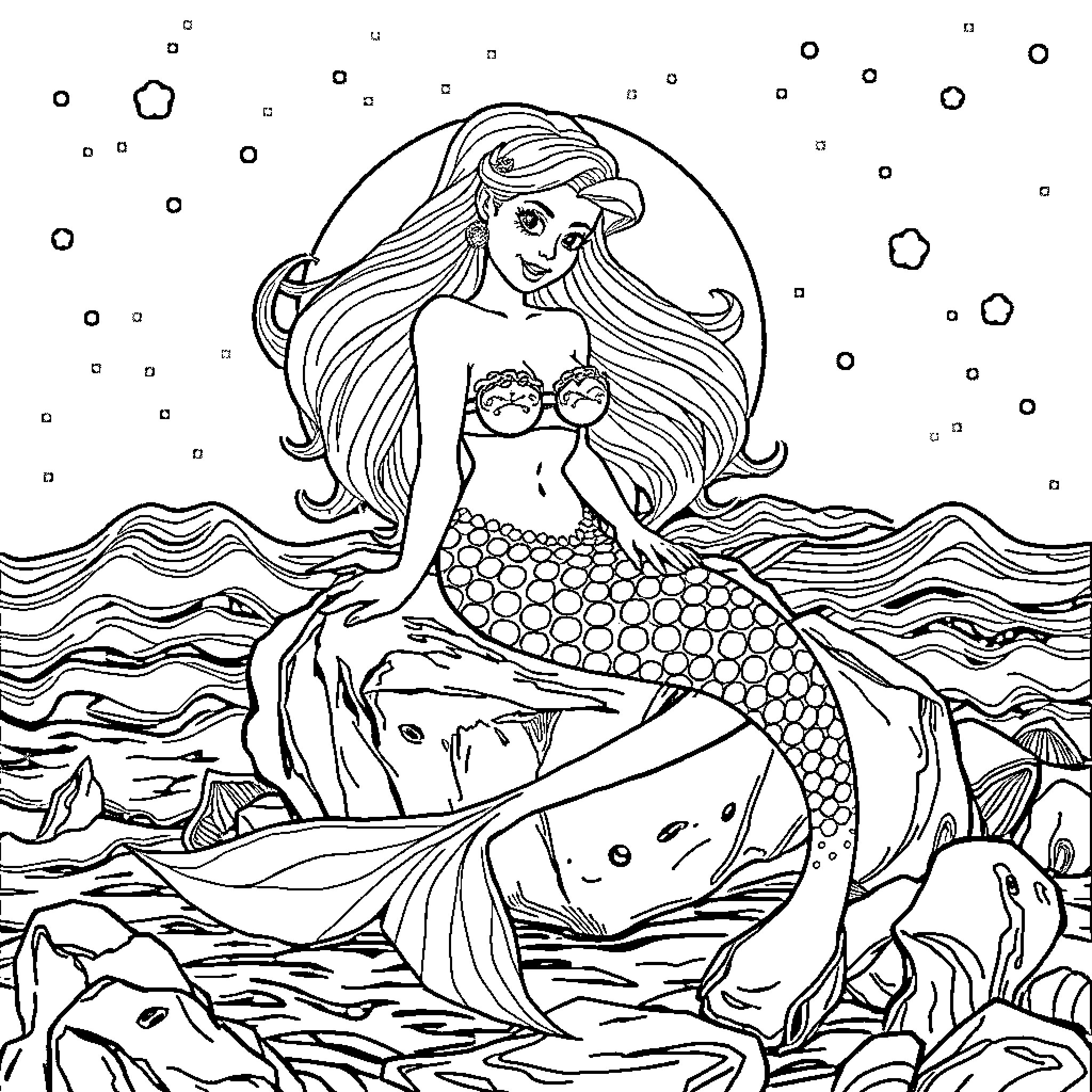 Mermaid smiling with fish in the ocean Coloring Page (free black-and-white line drawing printable PDF for all, from beginners to advanced learners, including children, teens, adults, and seniors)