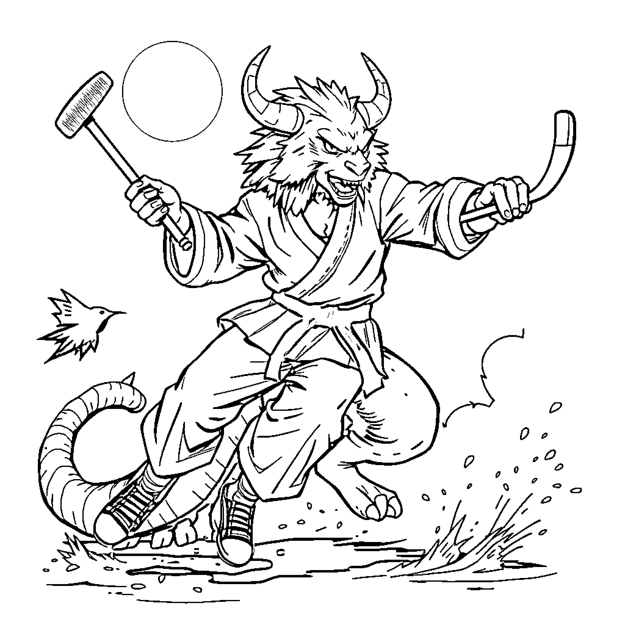 Karateka in action - Fierce martial arts warrior Coloring Page (free black-and-white line drawing printable PDF for all, from beginners to advanced learners, including children, teens, adults, and seniors)