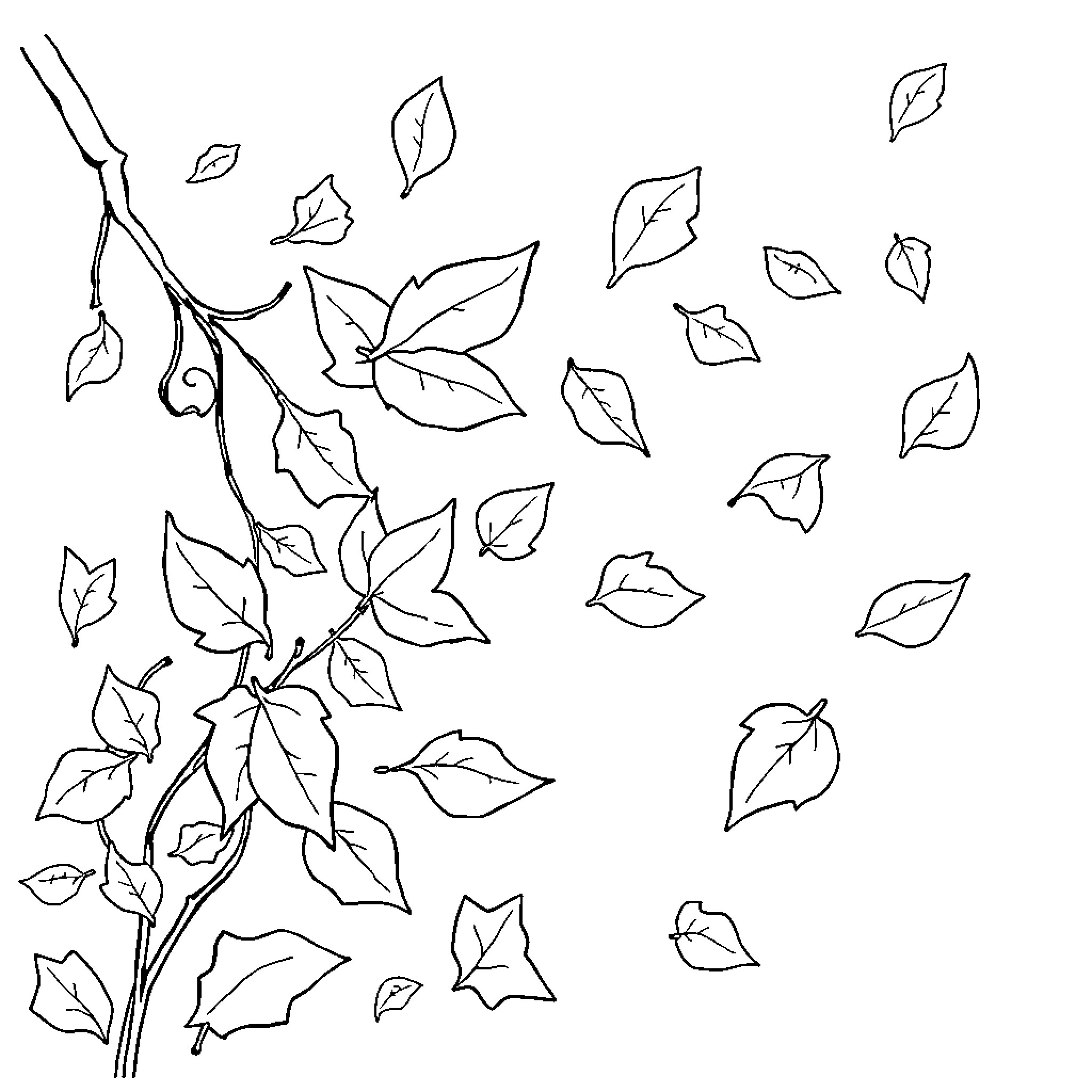 Leaf silhouettes dancing in the wind Coloring Page (free black-and-white line drawing printable PDF for all, from beginners to advanced learners, including children, teens, adults, and seniors)
