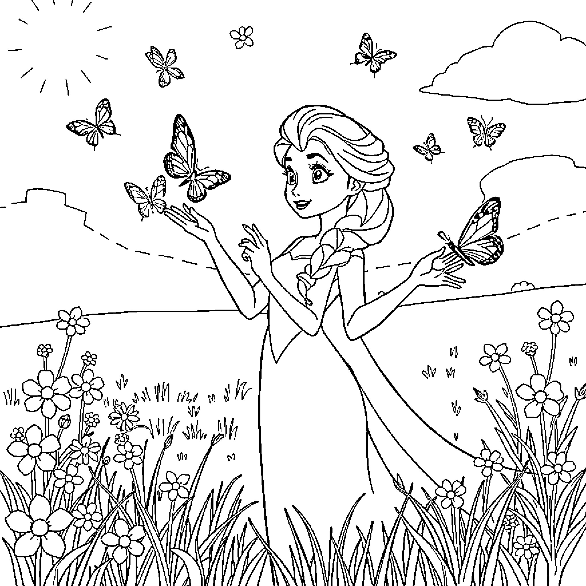 Elsa interacting with butterflies in a serene nature scene Coloring Page (free black-and-white line drawing printable PDF for all, from beginners to advanced learners, including children, teens, adults, and seniors)