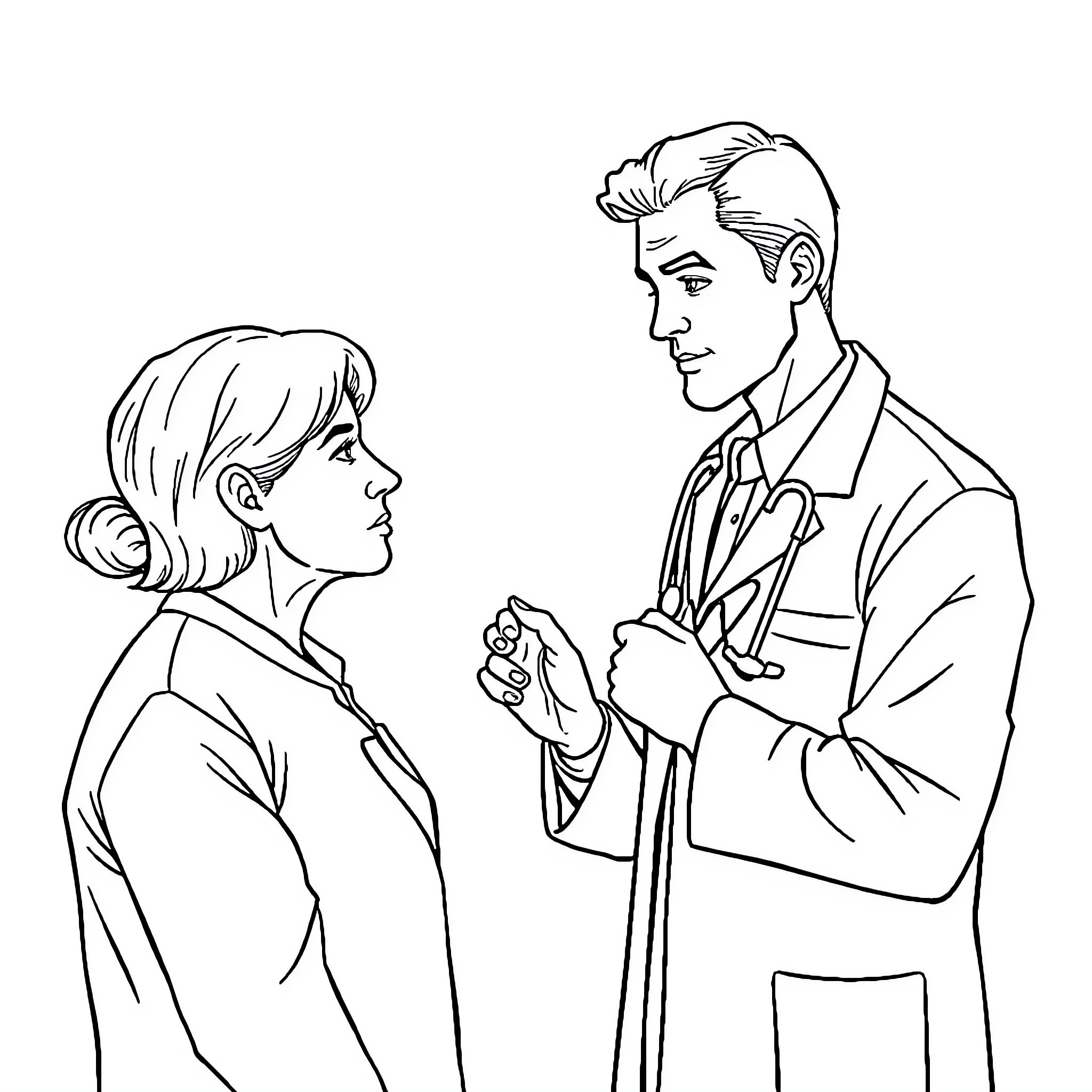 Doctor Discussing Medical Matters with Patient Coloring Page (free black-and-white line drawing printable PDF for all, from beginners to advanced learners, including children, teens, adults, and seniors)