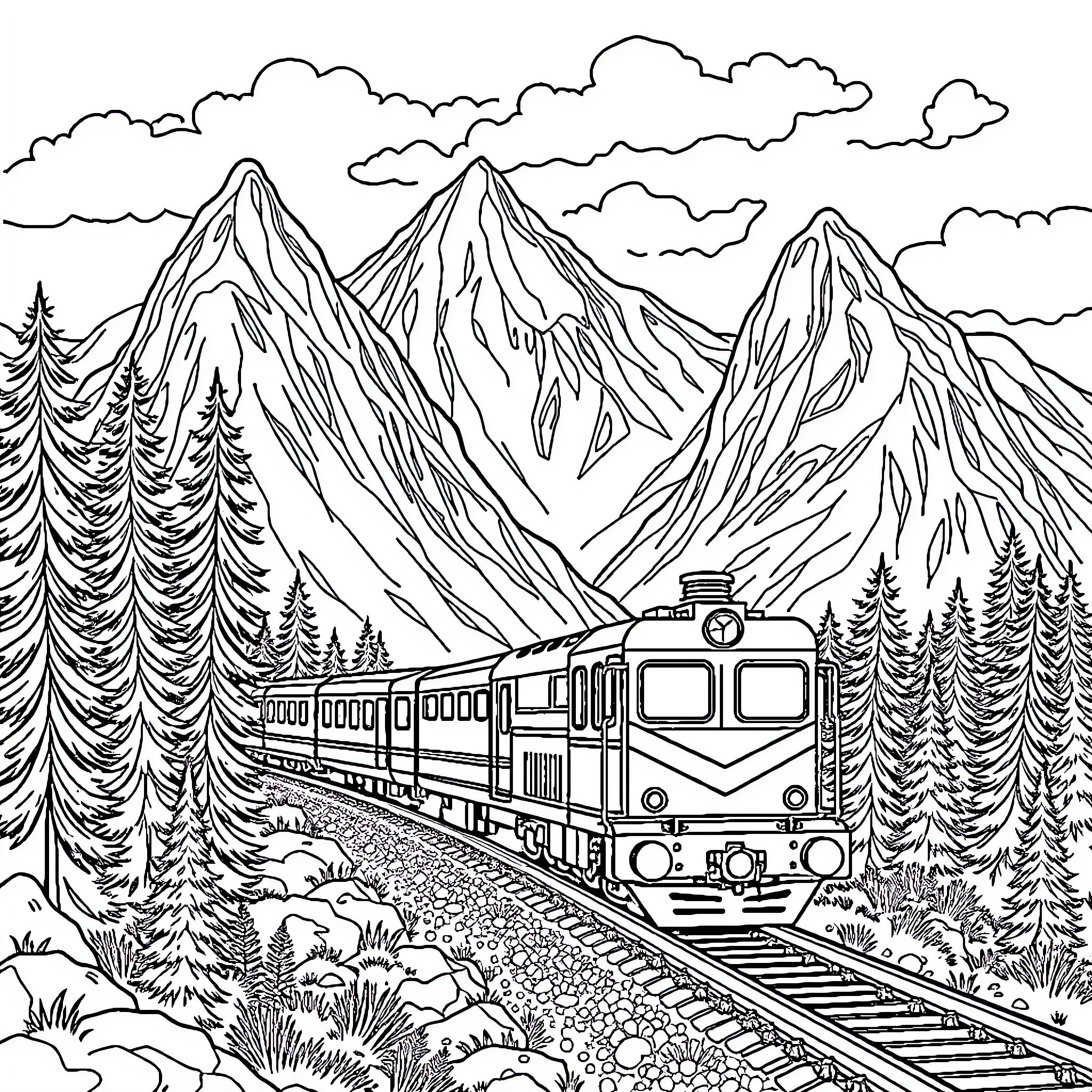 Train traveling through majestic mountain landscape Coloring Page (free black-and-white line drawing printable PDF for all, from beginners to advanced learners, including children, teens, adults, and seniors)