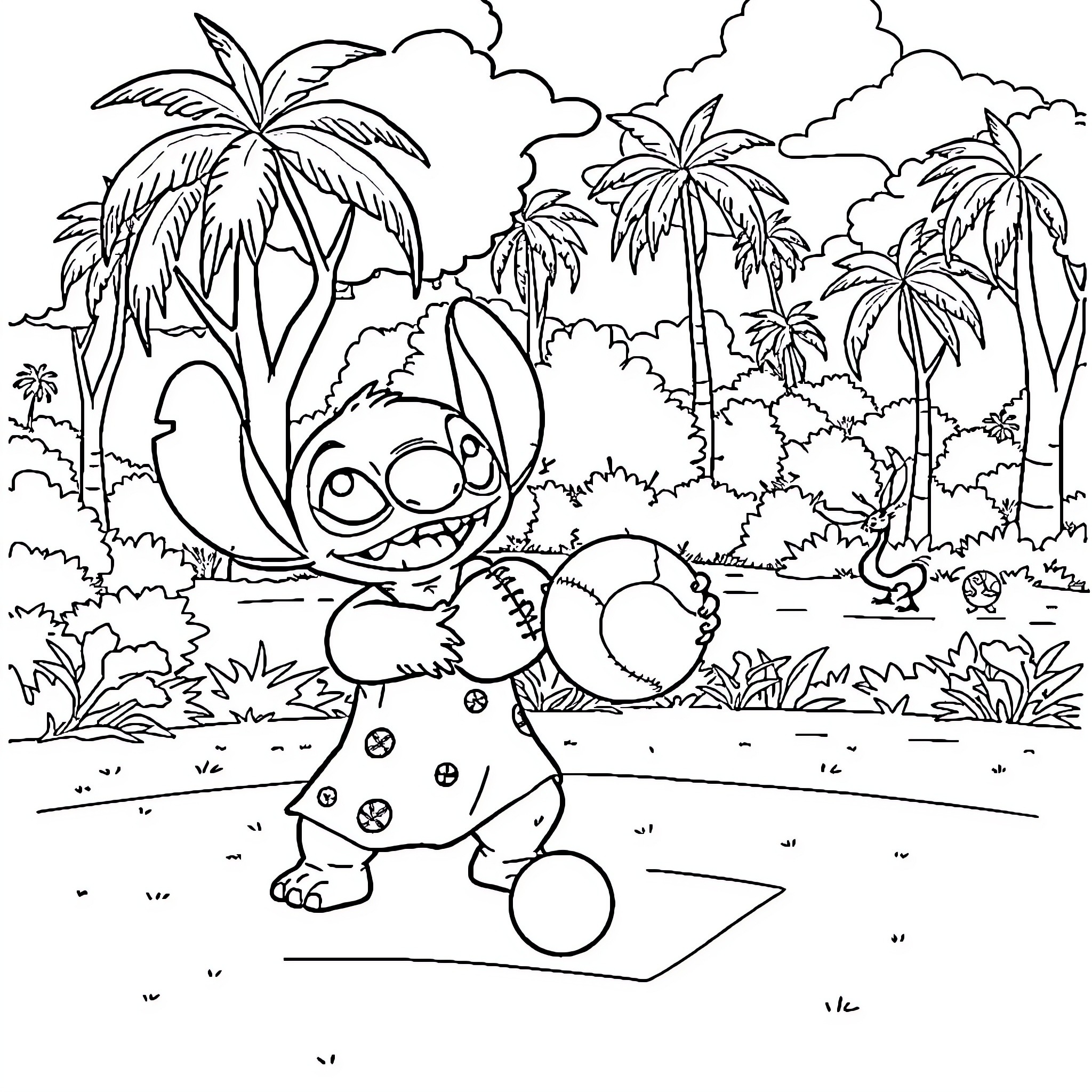 Lilo And Stitch Enjoying a Tropical Adventure Coloring Page (free black-and-white line drawing printable PDF for all, from beginners to advanced learners, including children, teens, adults, and seniors)