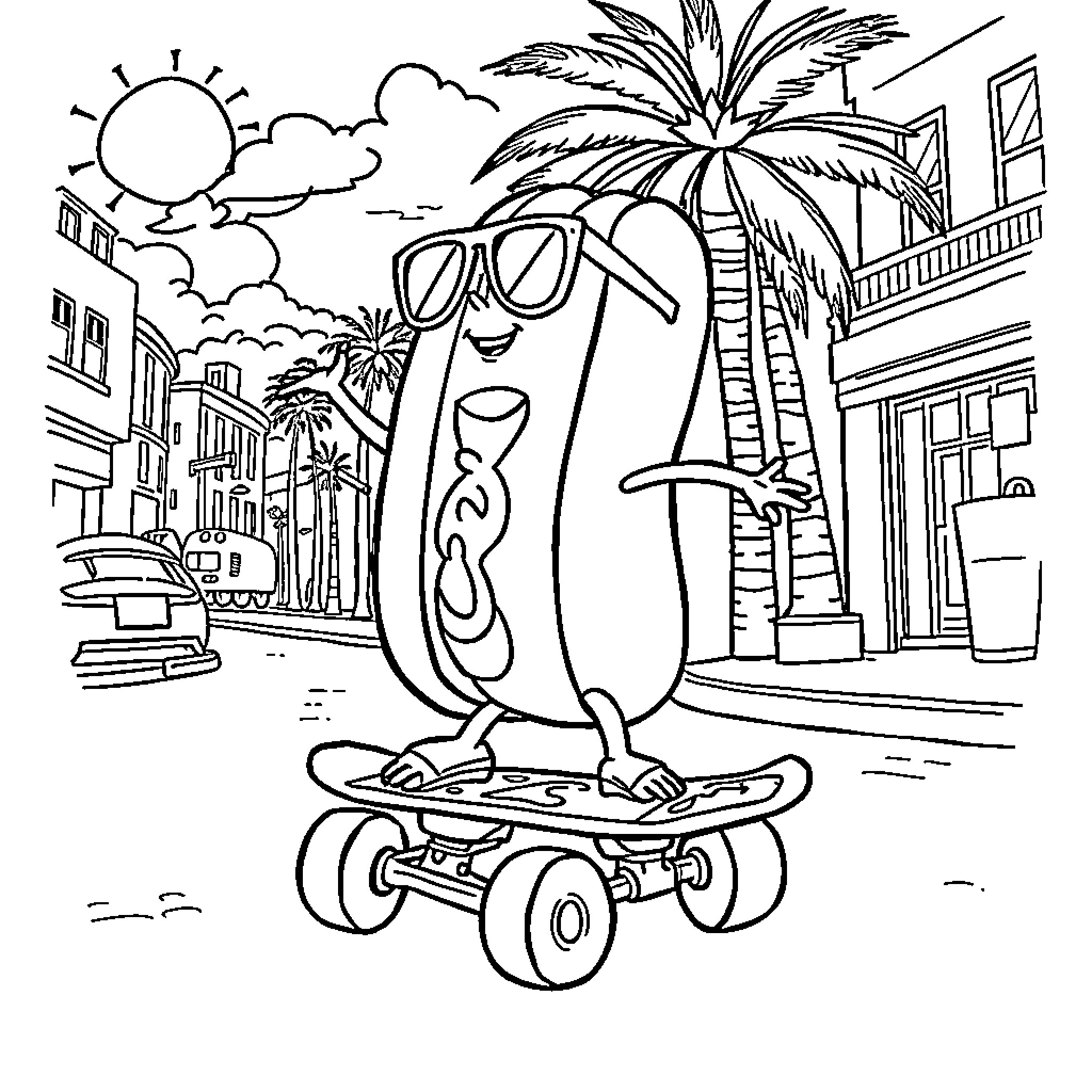 Hotdog enjoying a skateboard ride in a tropical paradise Coloring Page (free black-and-white line drawing printable PDF for all, from beginners to advanced learners, including children, teens, adults, and seniors)