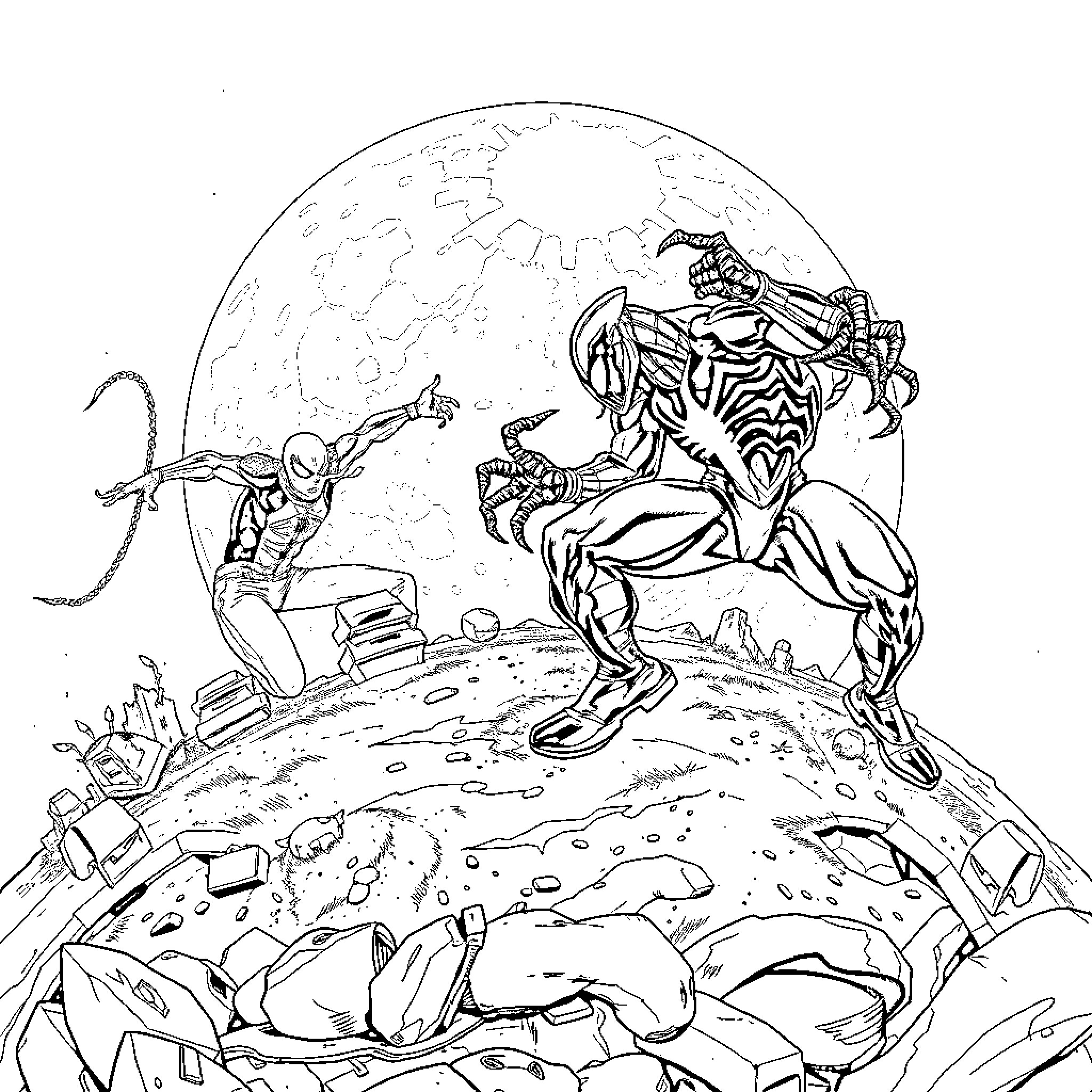 Spiderman battling a villainous monster under a starry night Coloring Page (free black-and-white line drawing printable PDF for all, from beginners to advanced learners, including children, teens, adults, and seniors)