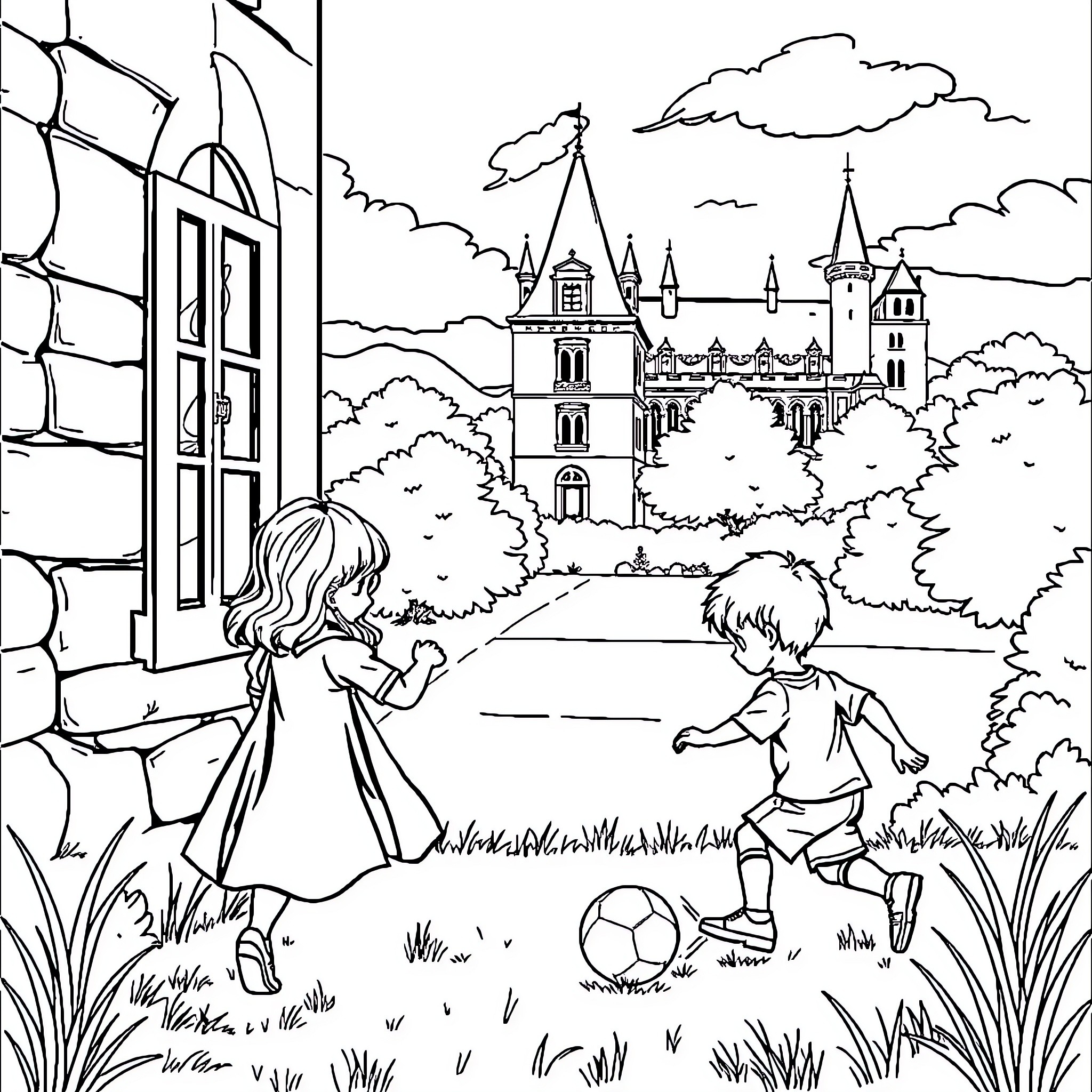 Fille enjoying outdoor play with boy near castle Coloring Page (free black-and-white line drawing printable PDF for all, from beginners to advanced learners, including children, teens, adults, and seniors)