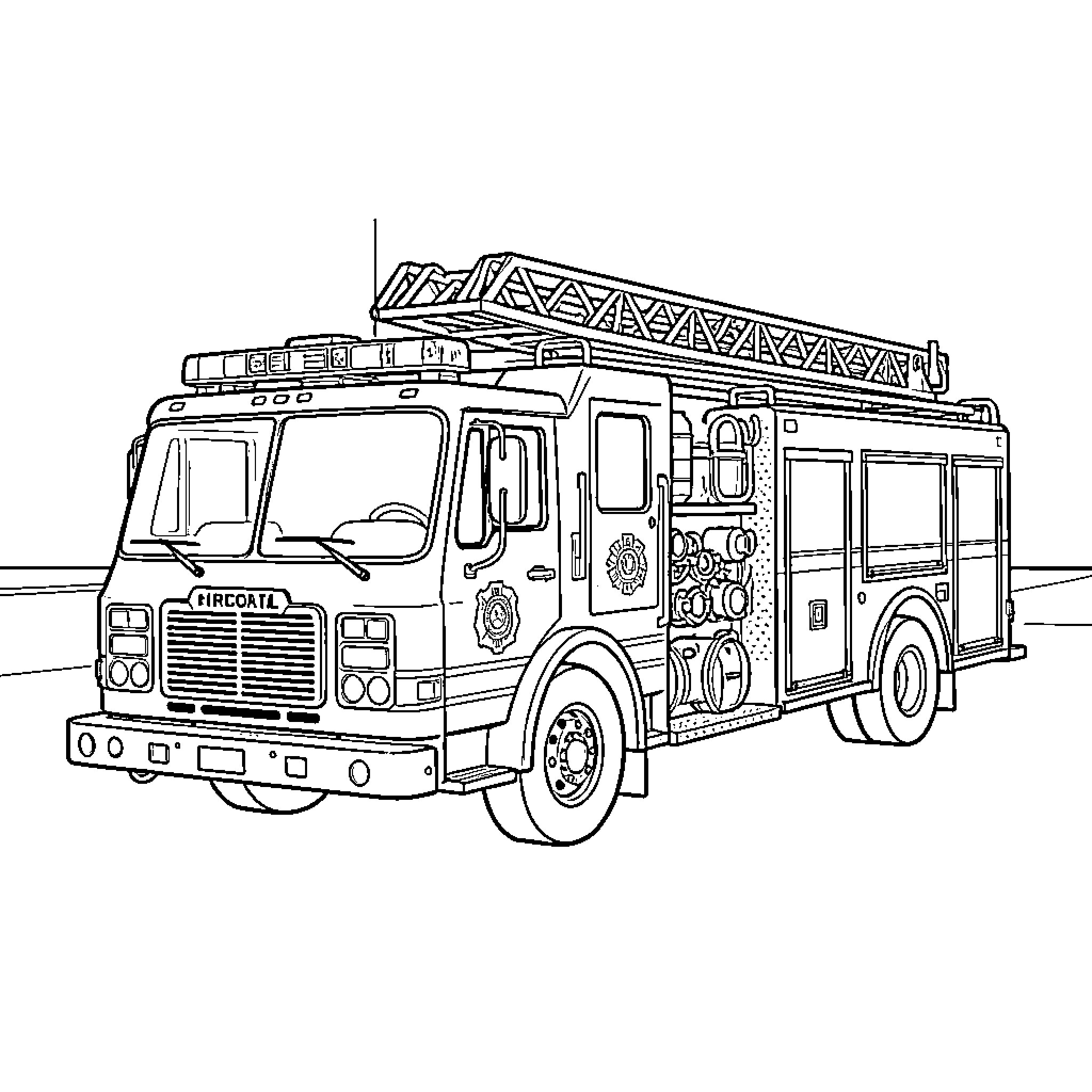 Firefighter Truck with a large ladder on top Coloring Page (free black-and-white line drawing printable PDF for all, from beginners to advanced learners, including children, teens, adults, and seniors)