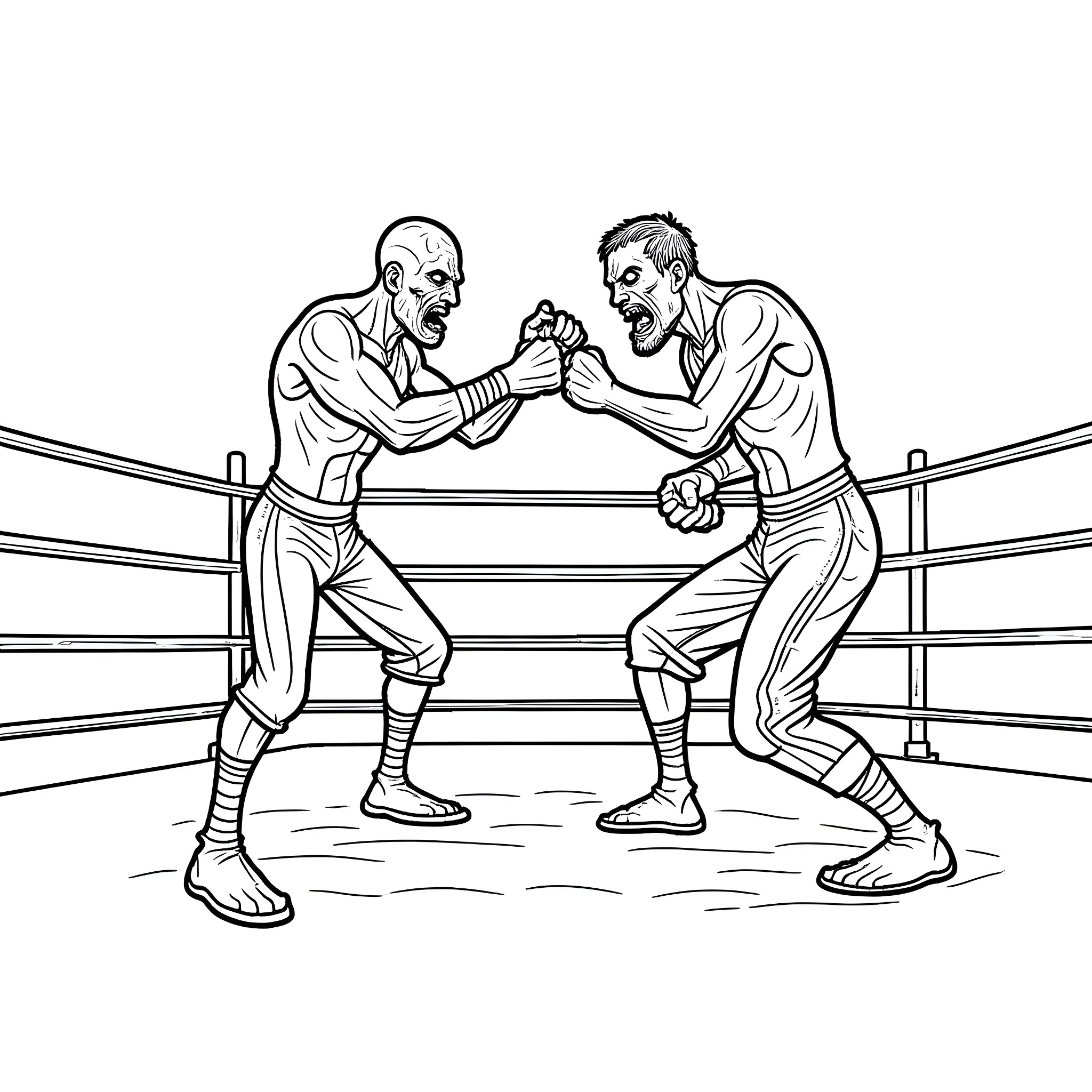 Zombie wrestlers battling in the ring Coloring Page (free black-and-white line drawing printable PDF for all, from beginners to advanced learners, including children, teens, adults, and seniors)