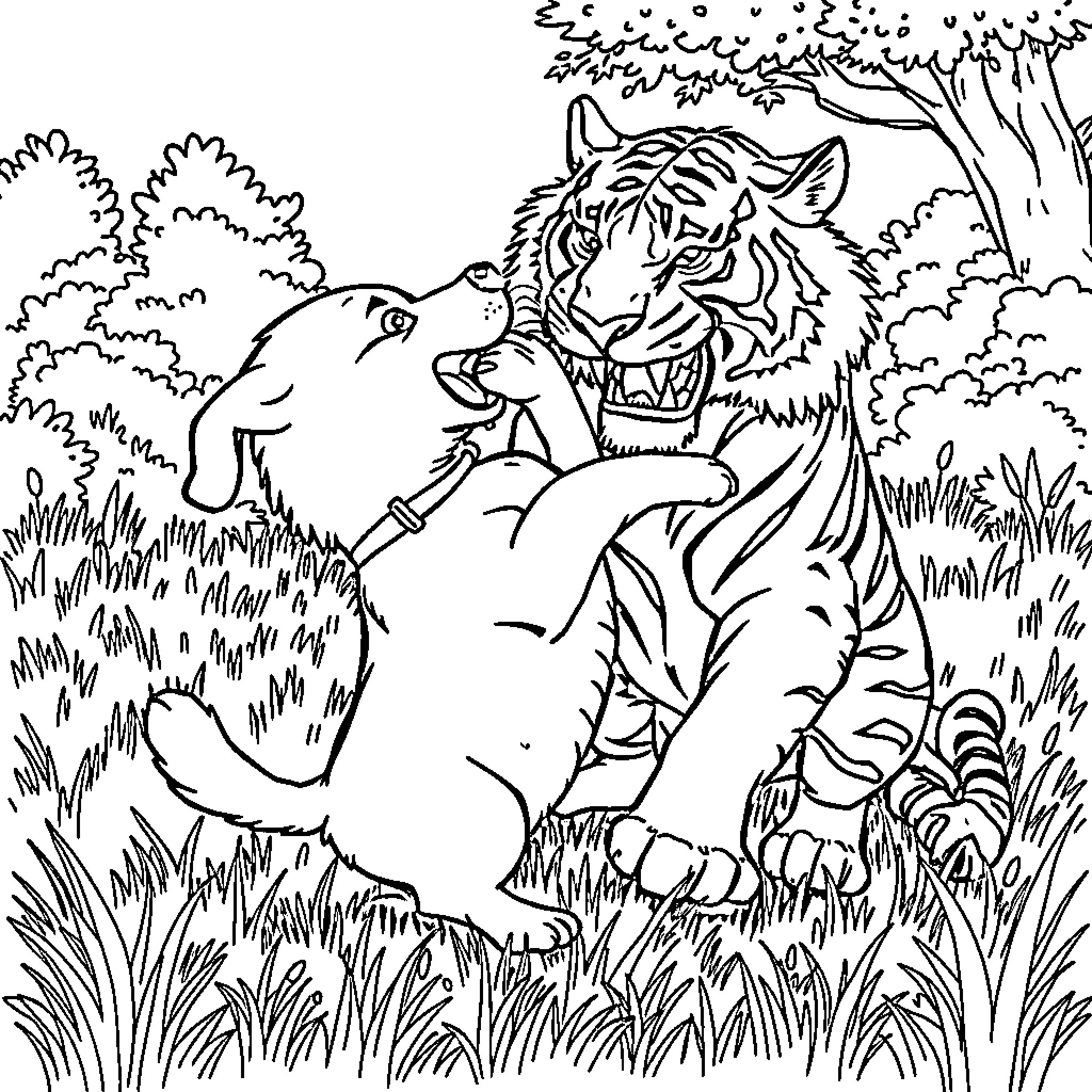 Dog and Tiger Encounter in the Jungle Coloring Page (free black-and-white line drawing printable PDF for all, from beginners to advanced learners, including children, teens, adults, and seniors)
