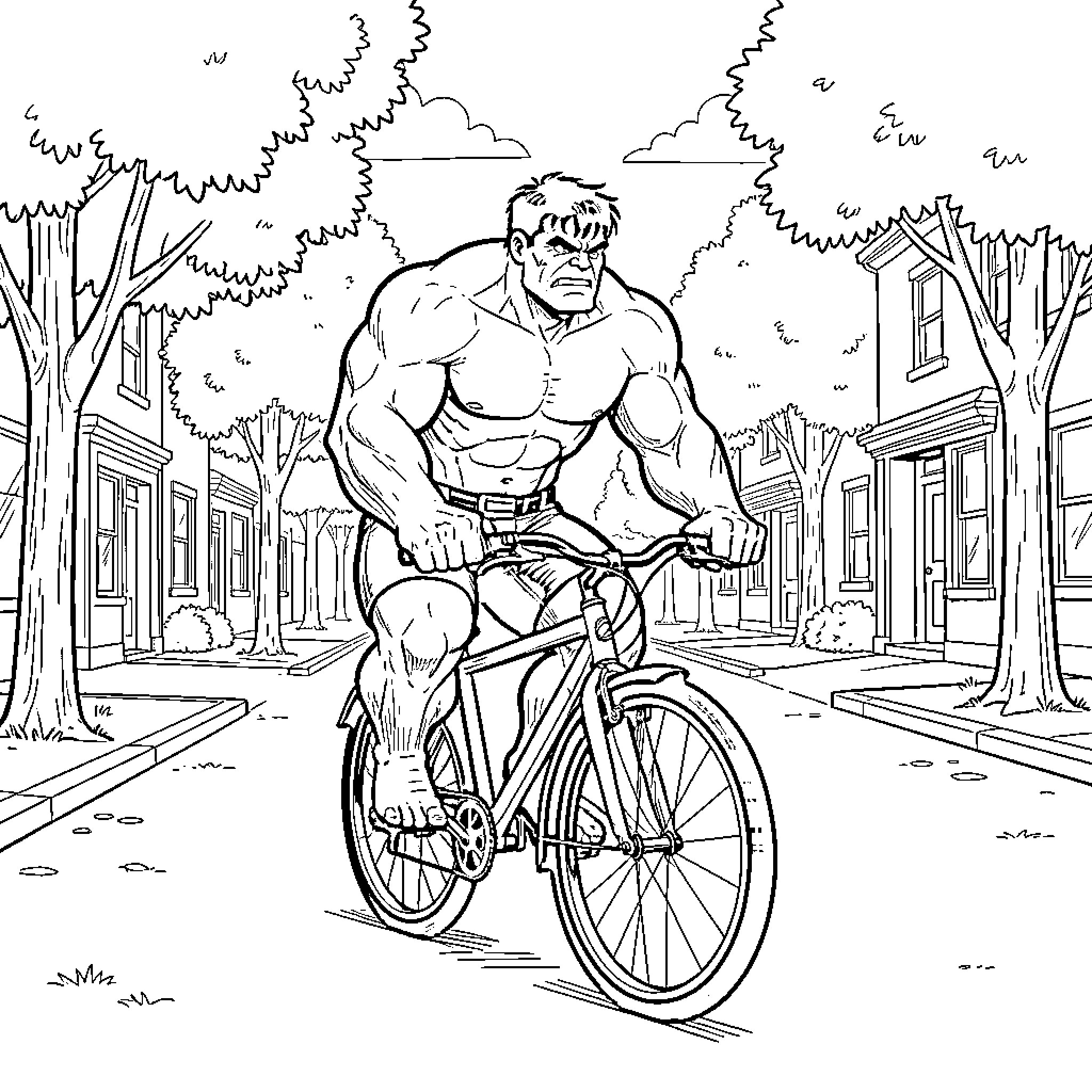 Hulk riding a bicycle through a residential street Coloring Page (free black-and-white line drawing printable PDF for all, from beginners to advanced learners, including children, teens, adults, and seniors)