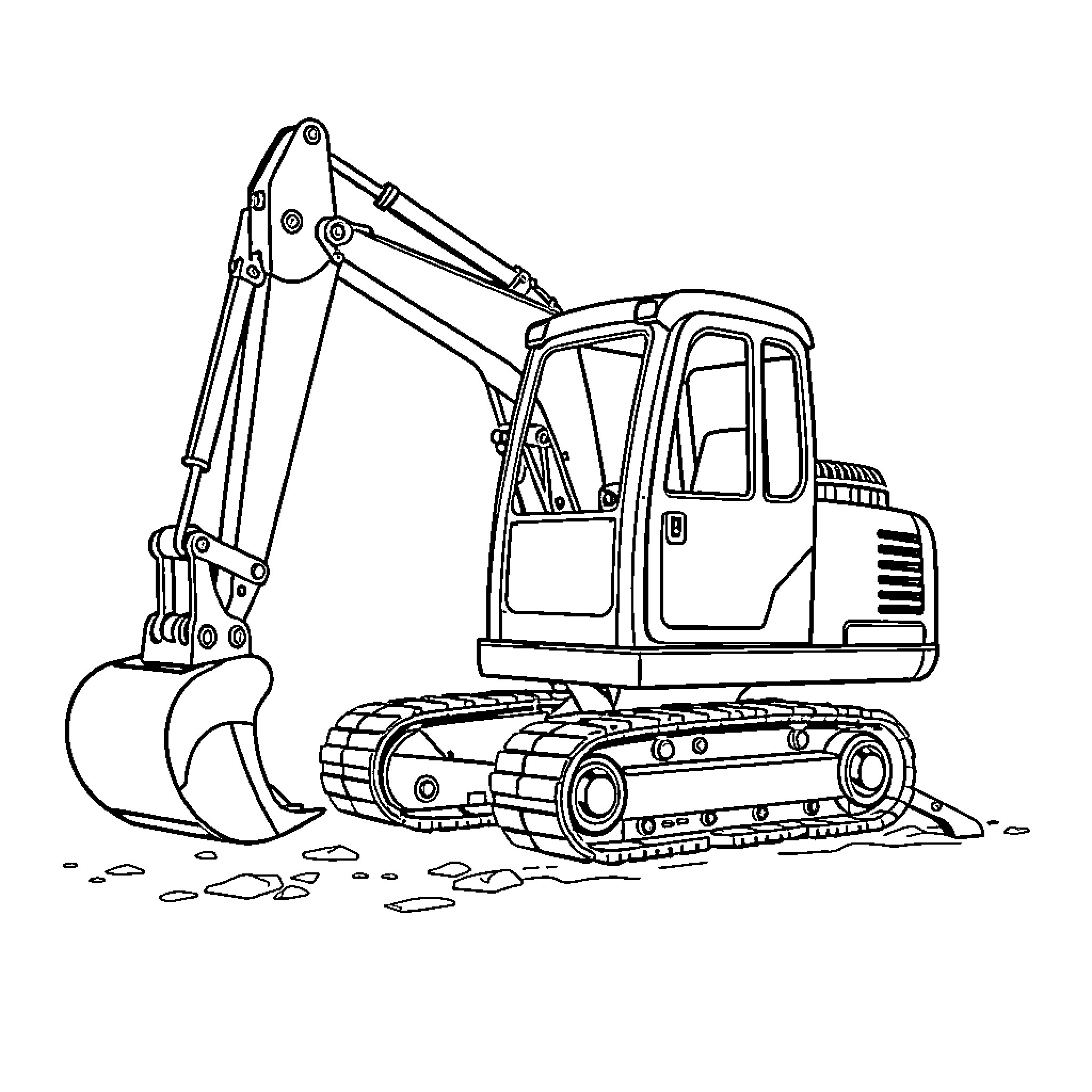 Excavator at work on construction site Coloring Page (free black-and-white line drawing printable PDF for all, from beginners to advanced learners, including children, teens, adults, and seniors)