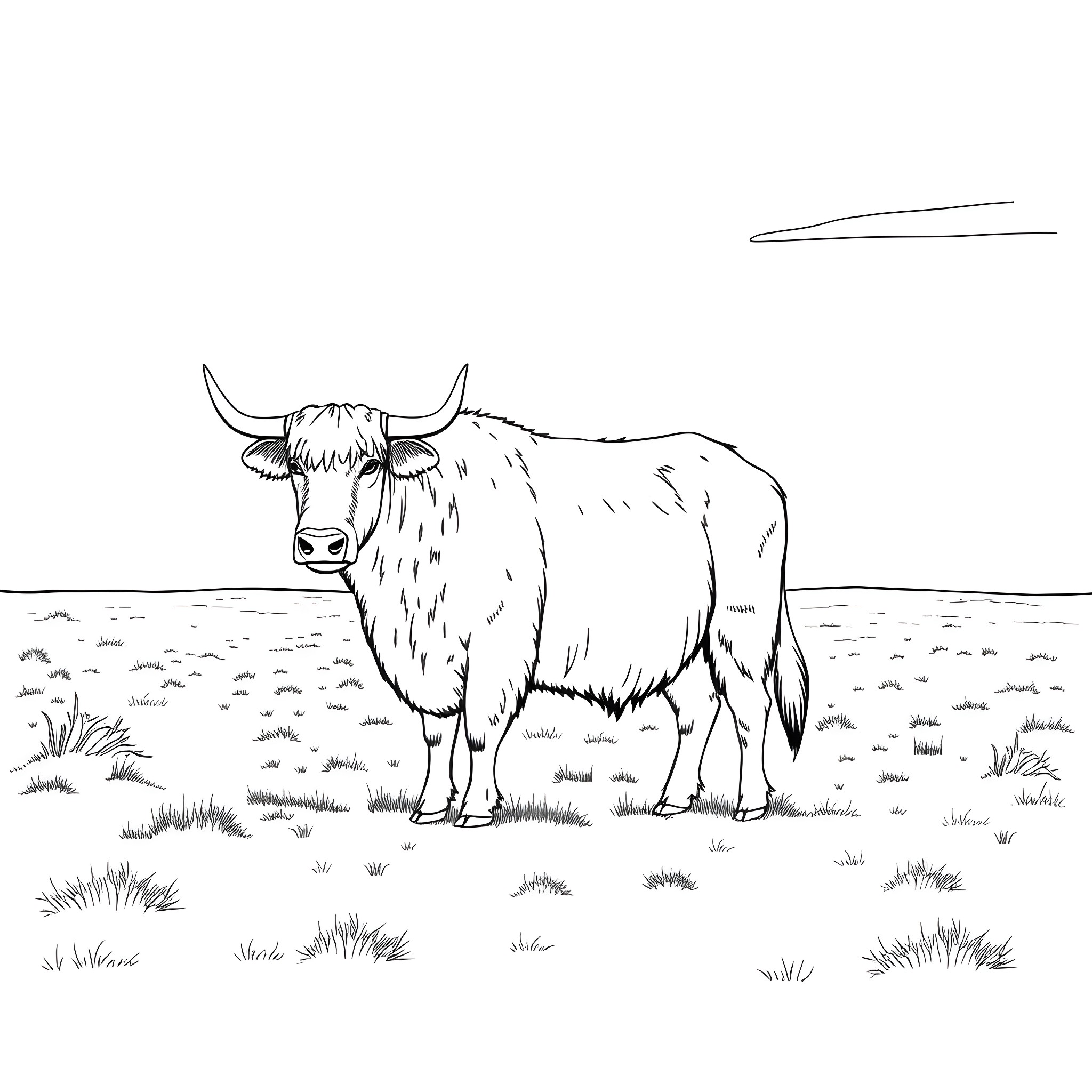 Yak standing alone in a grassy field Coloring Page (free black-and-white line drawing printable PDF for all, from beginners to advanced learners, including children, teens, adults, and seniors)