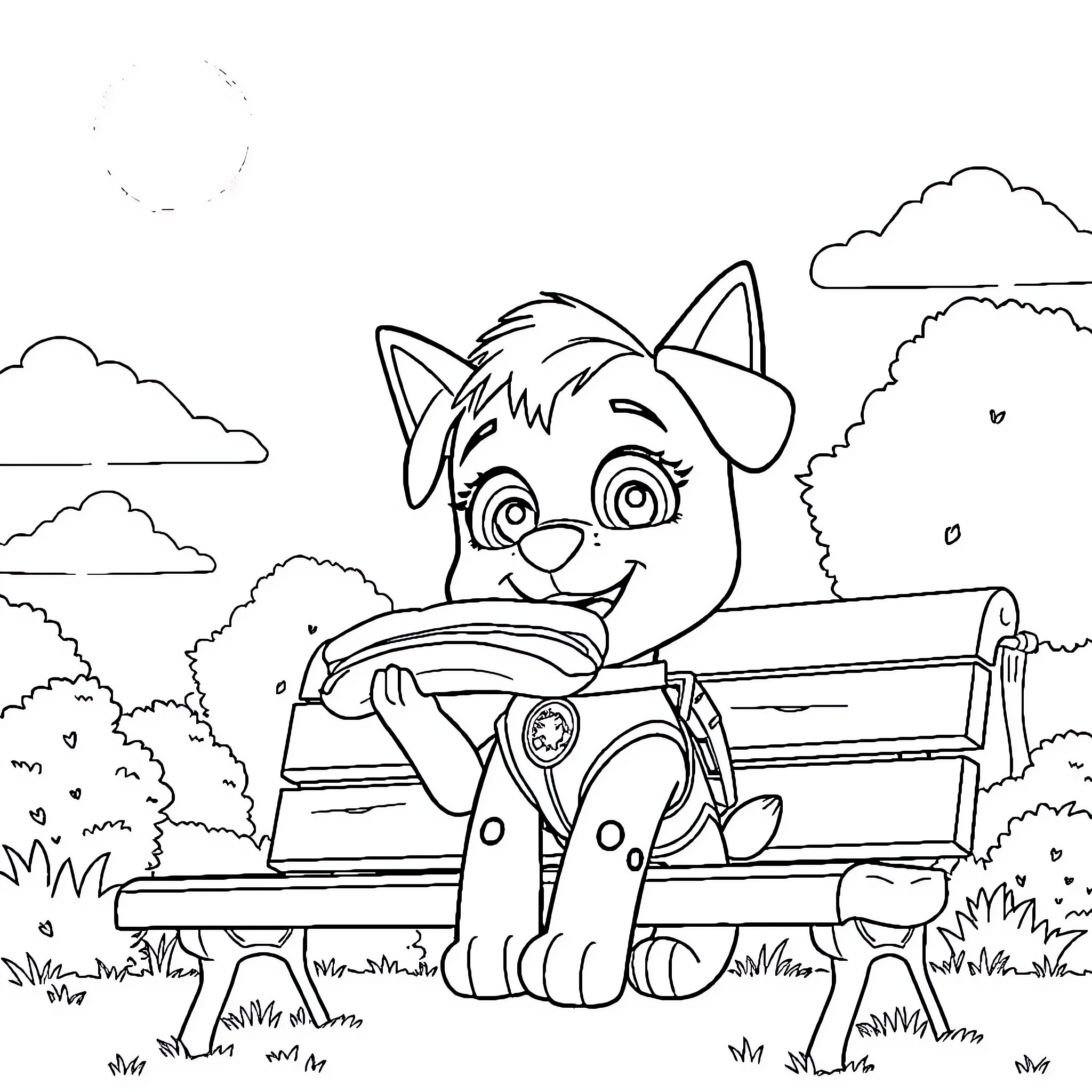 Skye playing happily on a park bench Coloring Page (free black-and-white line drawing printable PDF for all, from beginners to advanced learners, including children, teens, adults, and seniors)