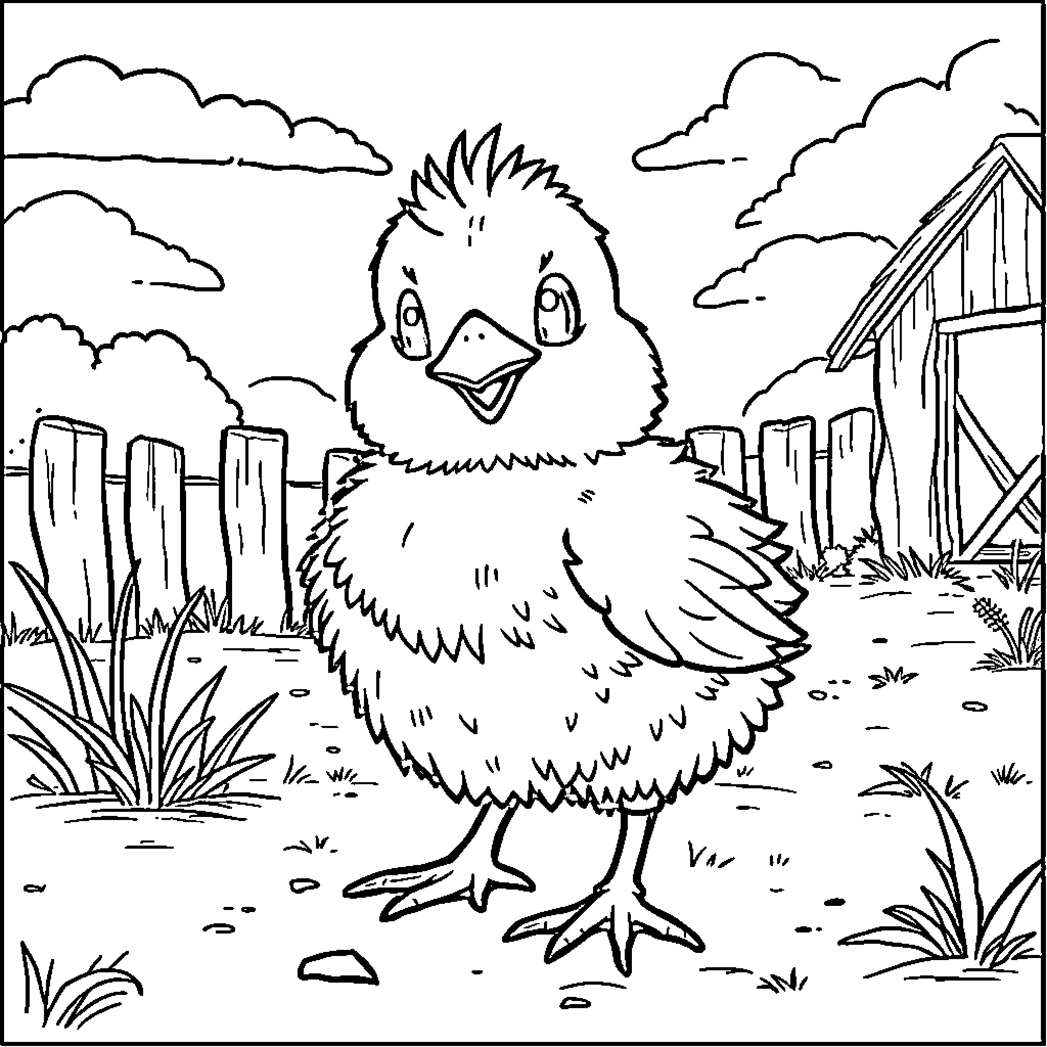 Pollito exploring the countryside Coloring Page (free black-and-white line drawing printable PDF for all, from beginners to advanced learners, including children, teens, adults, and seniors)