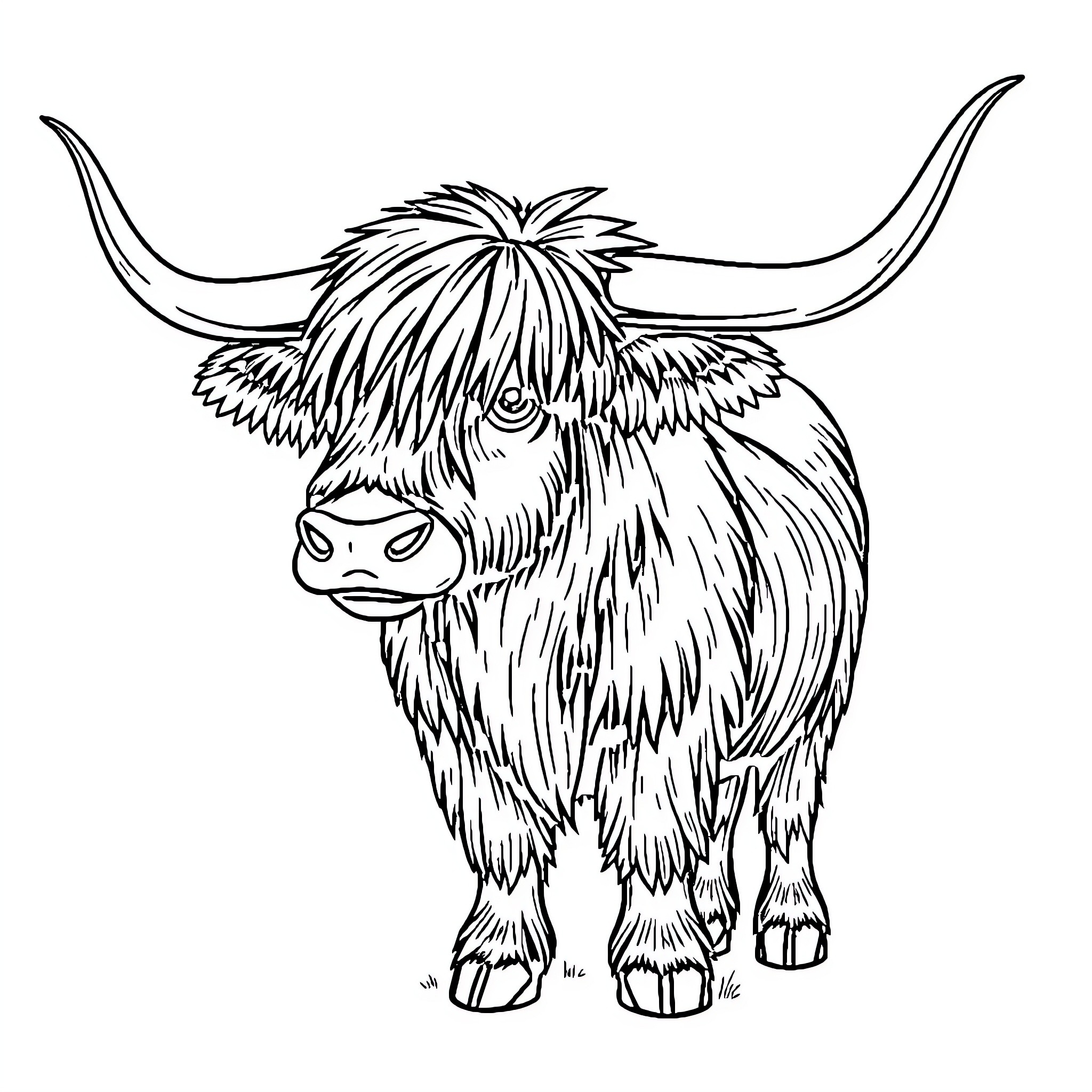 Highland Cow standing alert and attentive Coloring Page (free black-and-white line drawing printable PDF for all, from beginners to advanced learners, including children, teens, adults, and seniors)
