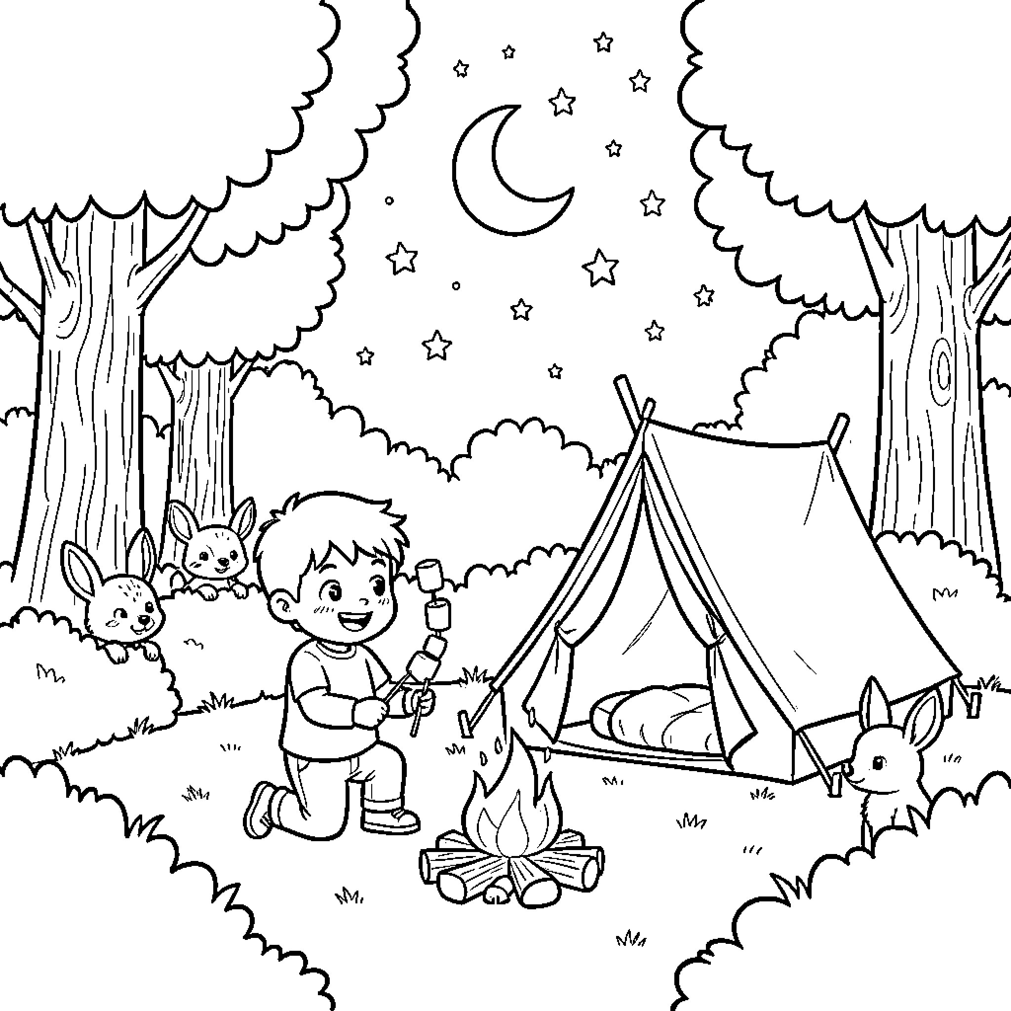 Child camping under the stars by a campfire Coloring Page (free black-and-white line drawing printable PDF for all, from beginners to advanced learners, including children, teens, adults, and seniors)