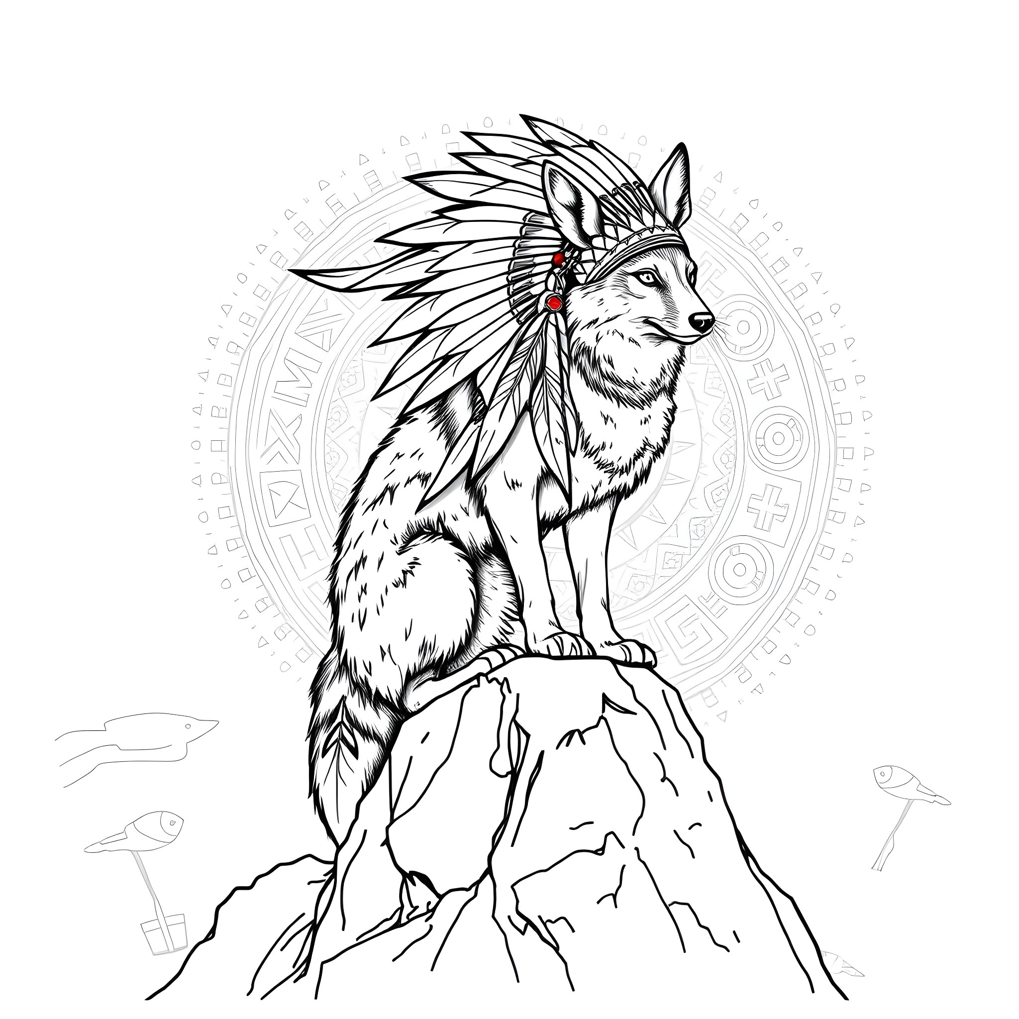 Coyote wearing an indigenous headdress on a rocky cliff Coloring Page (free black-and-white line drawing printable PDF for all, from beginners to advanced learners, including children, teens, adults, and seniors)