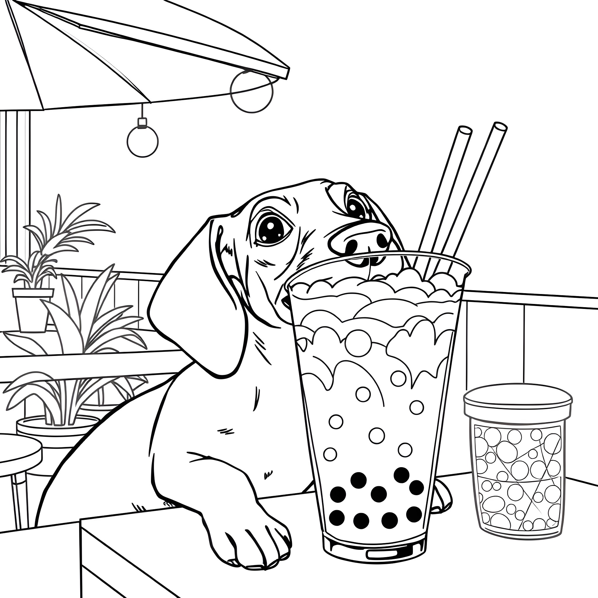 Dachshund enjoying a refreshing drink in a cozy cafe Coloring Page (free black-and-white line drawing printable PDF for all, from beginners to advanced learners, including children, teens, adults, and seniors)