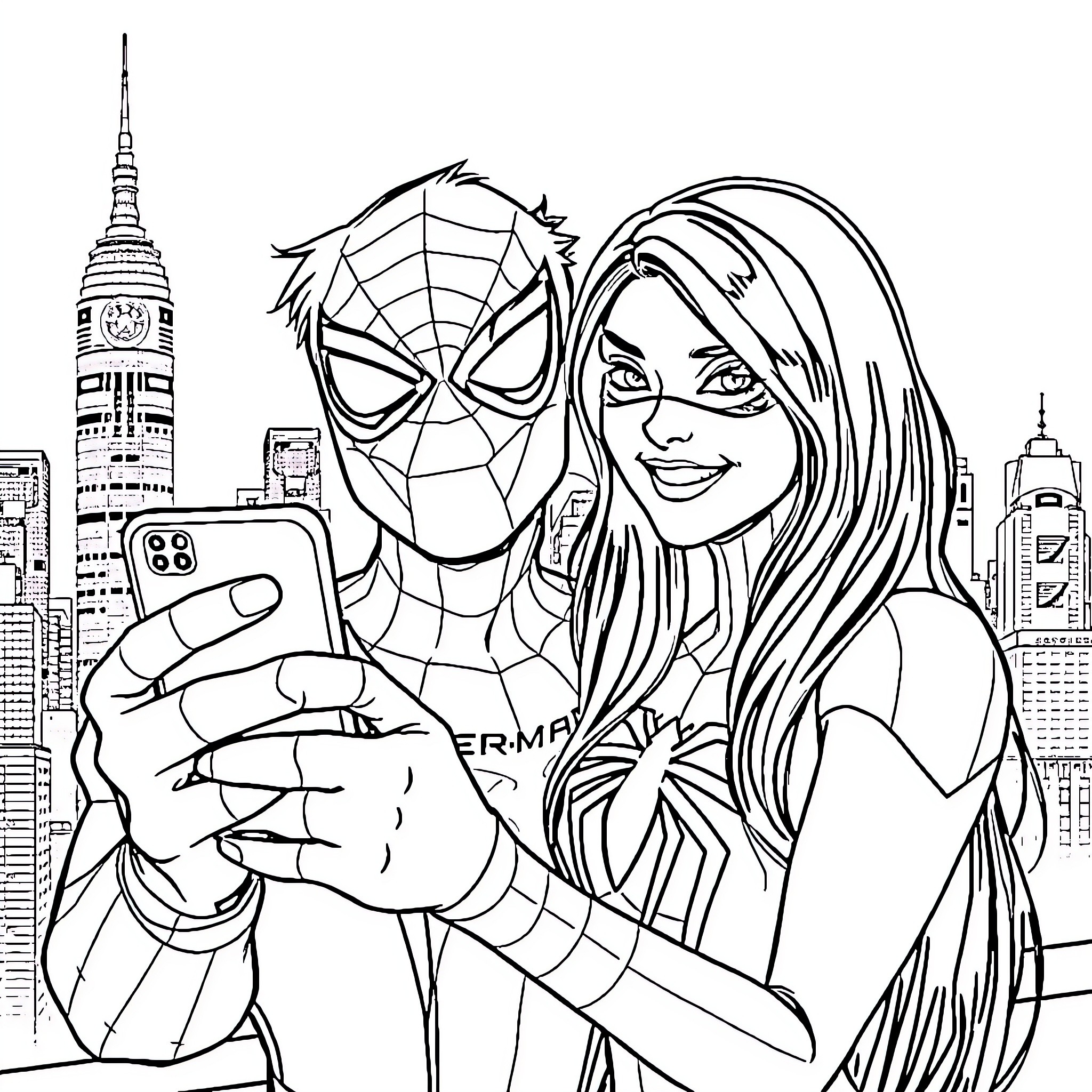 Spiderman takes a selfie with a civilian in the city Coloring Page (free black-and-white line drawing printable PDF for all, from beginners to advanced learners, including children, teens, adults, and seniors)