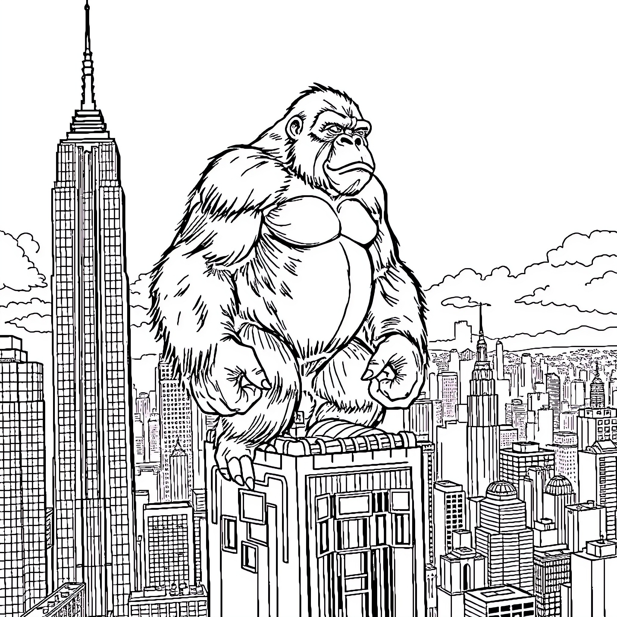King Kong rampaging through the city skyline Coloring Page (free black-and-white line drawing printable PDF for all, from beginners to advanced learners, including children, teens, adults, and seniors)