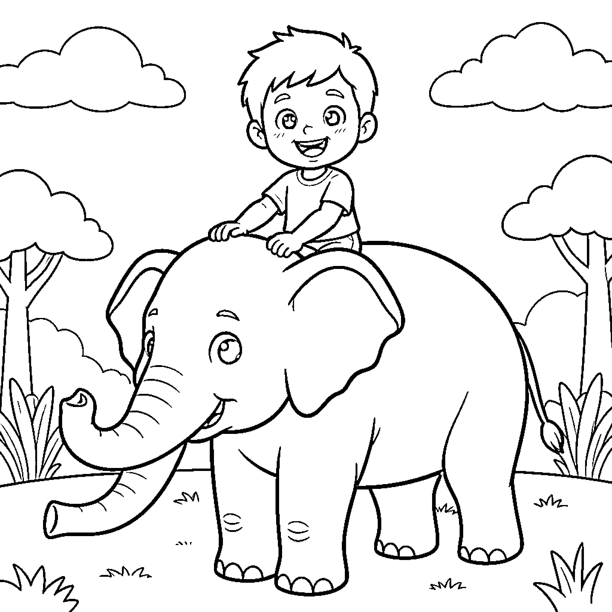 Cocomelon Boy smiling while riding on an elephant Coloring Page (free black-and-white line drawing printable PDF for all, from beginners to advanced learners, including children, teens, adults, and seniors)