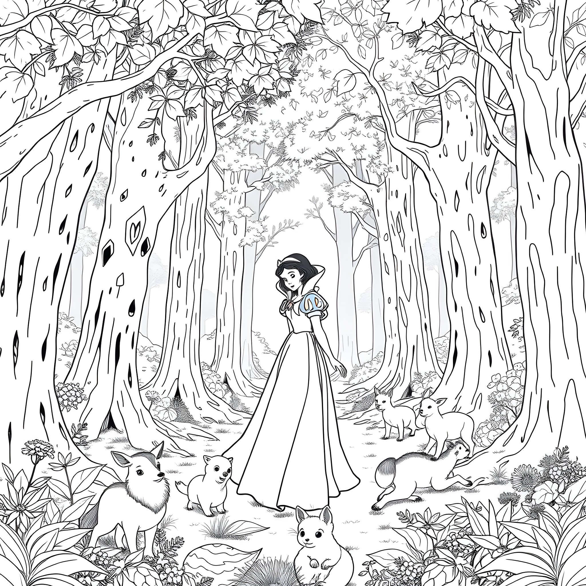 Snow White in the enchanted forest with woodland creatures Coloring Page (free black-and-white line drawing printable PDF for all, from beginners to advanced learners, including children, teens, adults, and seniors)