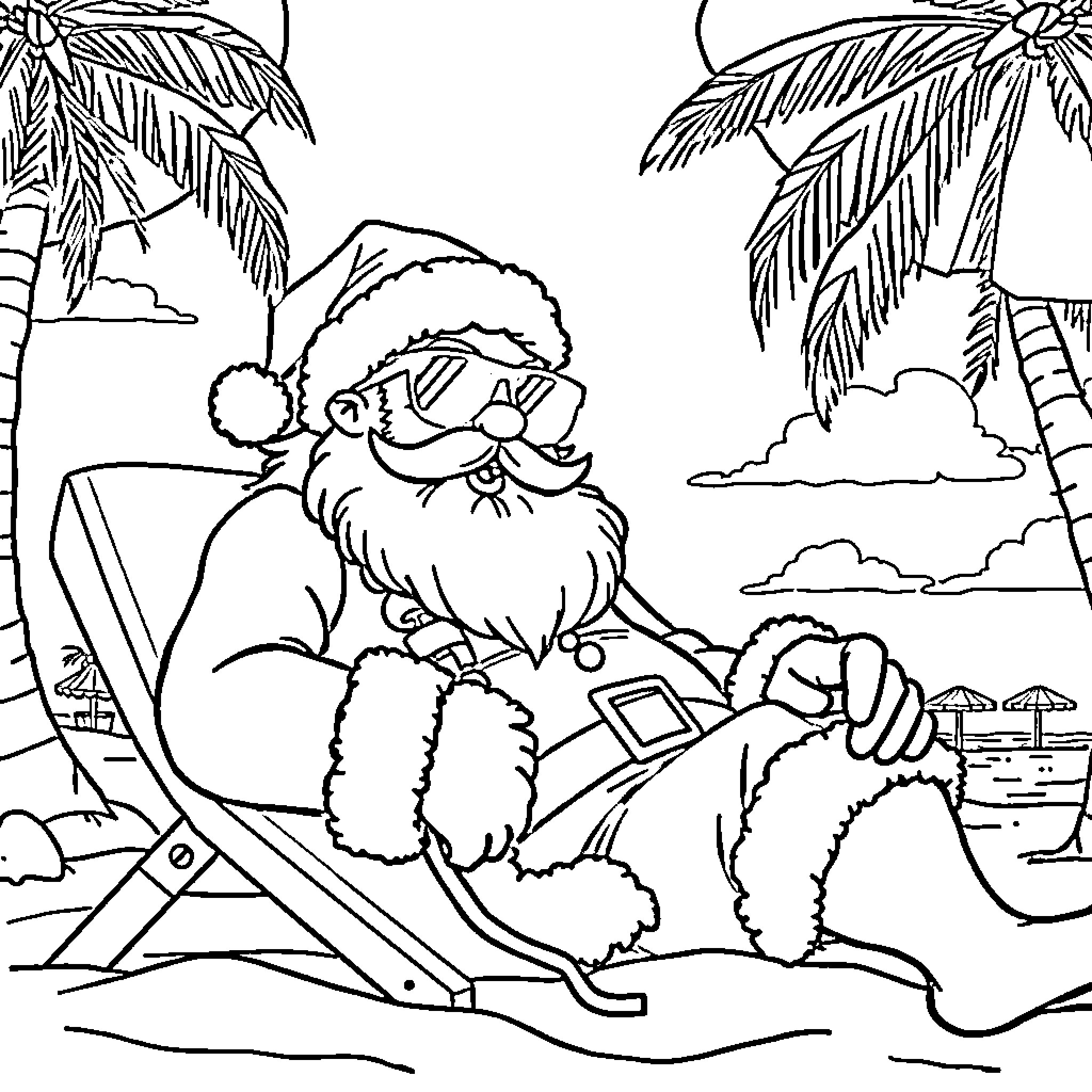 Santa Claus relaxing on tropical beach Coloring Page (free black-and-white line drawing printable PDF for all, from beginners to advanced learners, including children, teens, adults, and seniors)