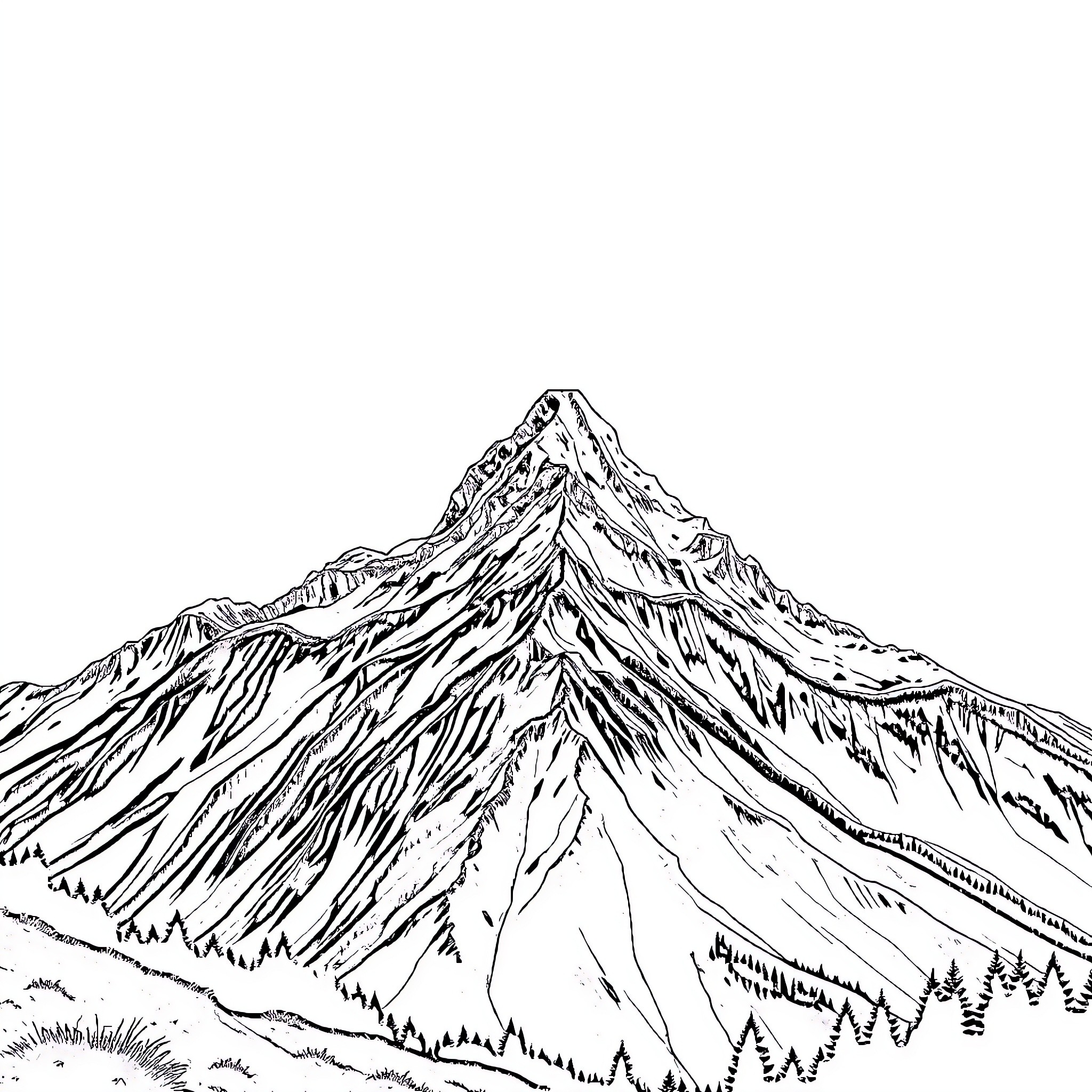Image of a majestic mountain landscape Coloring Page (free black-and-white line drawing printable PDF for all, from beginners to advanced learners, including children, teens, adults, and seniors)