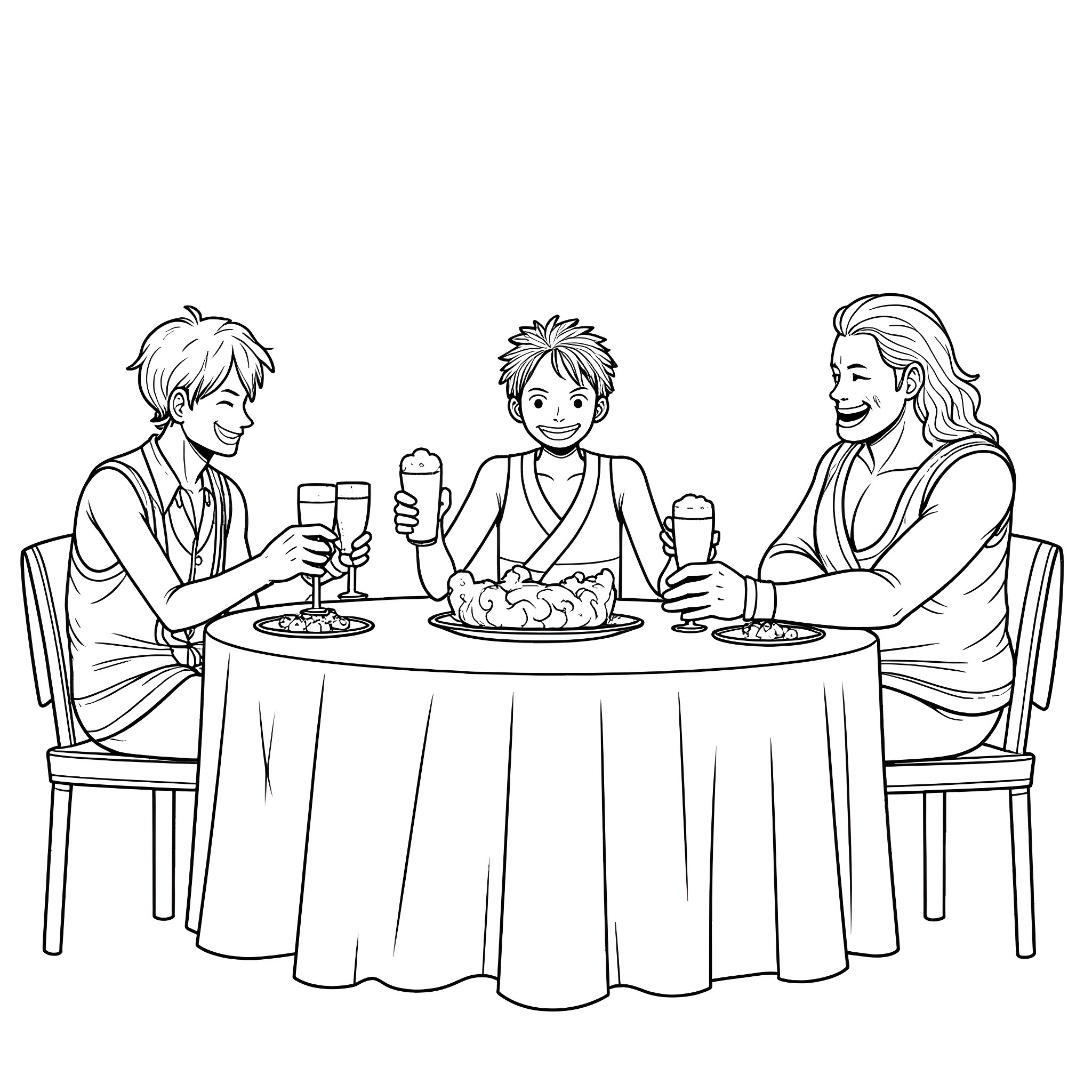 One Piece Trio Enjoying a Meal Together Coloring Page (free black-and-white line drawing printable PDF for all, from beginners to advanced learners, including children, teens, adults, and seniors)