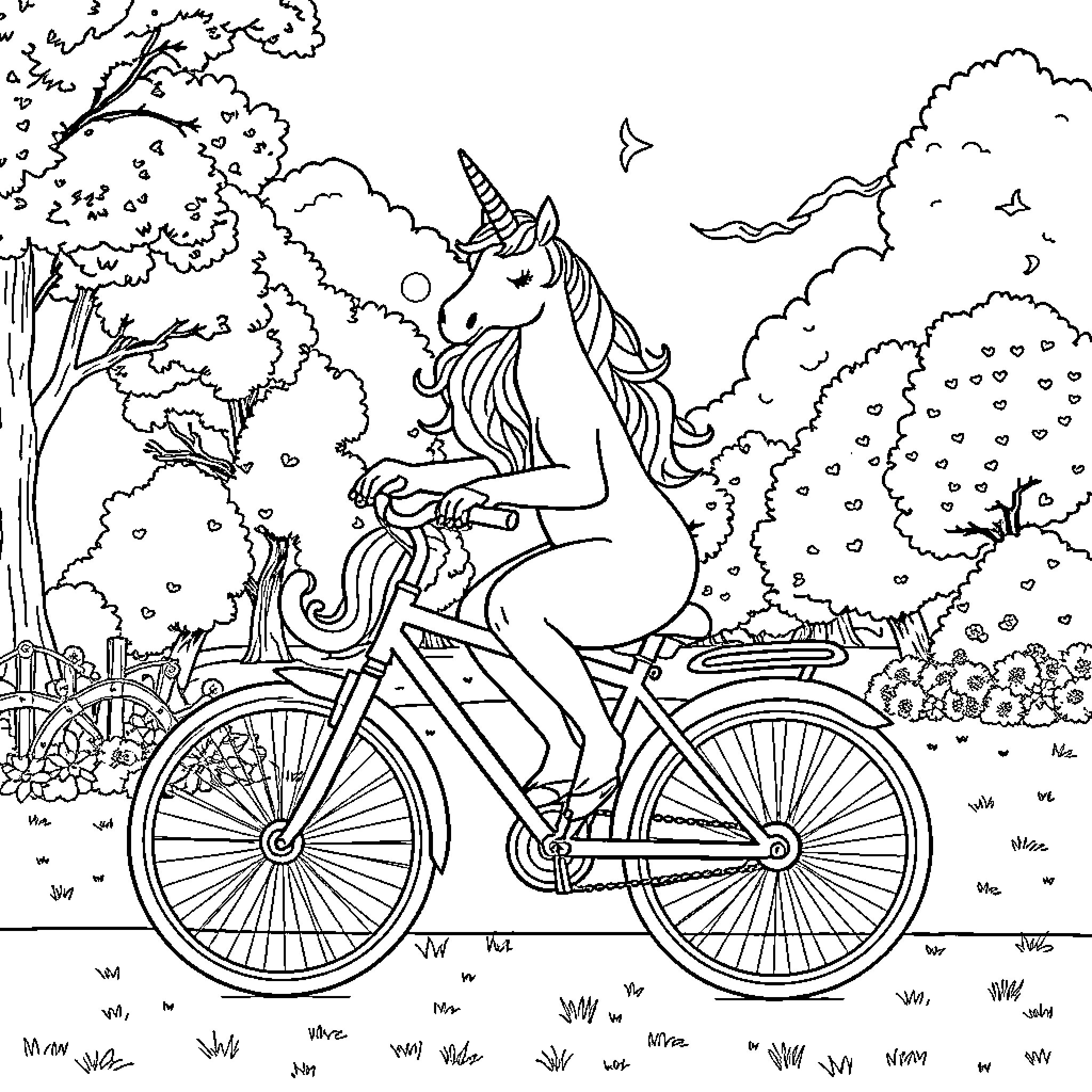 Unicorn Riding a Bicycle in a Whimsical Landscape Coloring Page (free black-and-white line drawing printable PDF for all, from beginners to advanced learners, including children, teens, adults, and seniors)