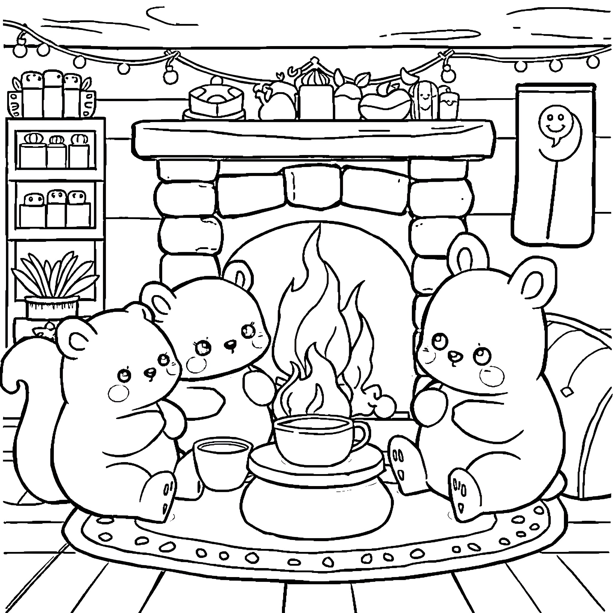 Animal friends enjoying a cozy fireplace scene Coloring Page (free black-and-white line drawing printable PDF for all, from beginners to advanced learners, including children, teens, adults, and seniors)