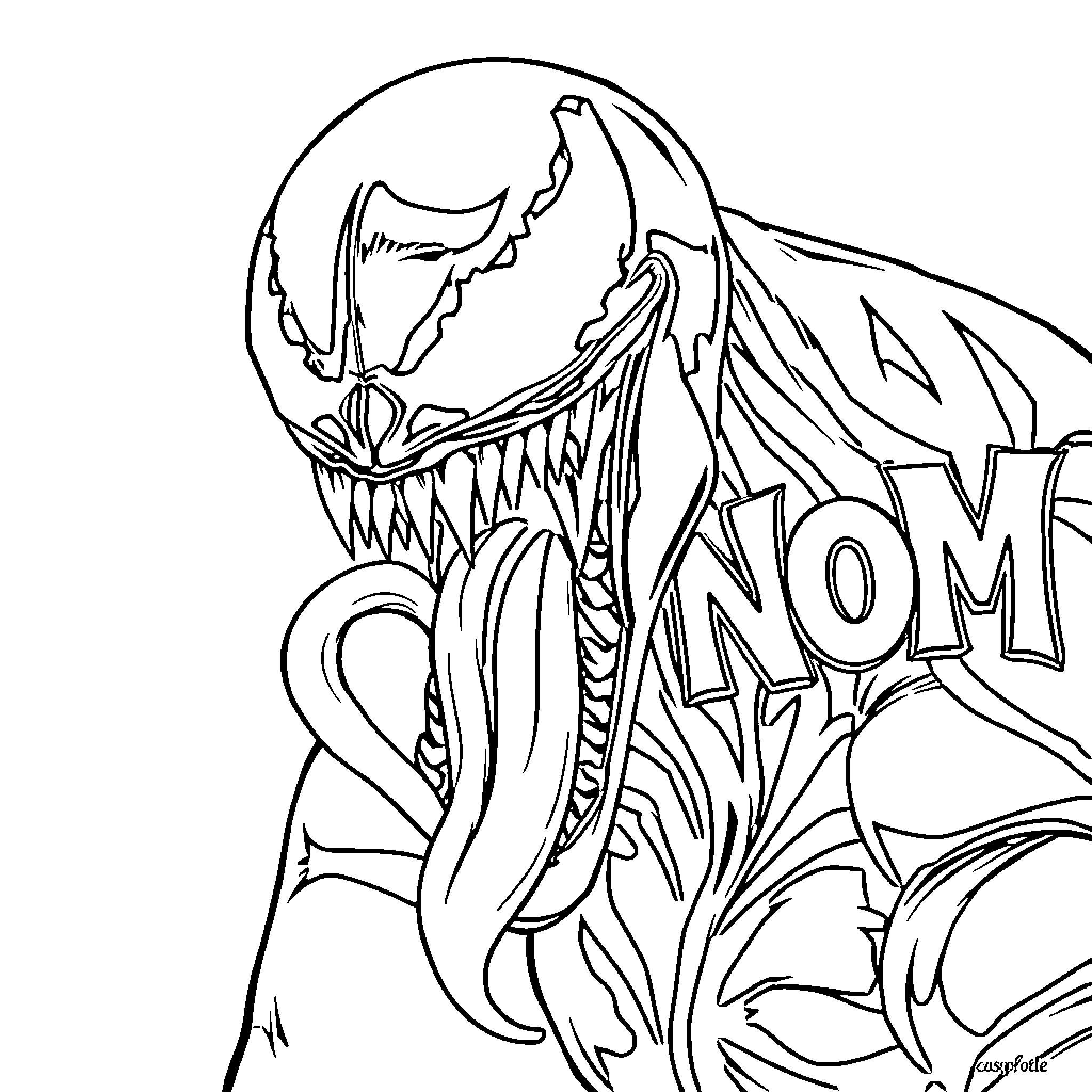 Venom - Monstrous Superhero in Action Coloring Page (free black-and-white line drawing printable PDF for all, from beginners to advanced learners, including children, teens, adults, and seniors)