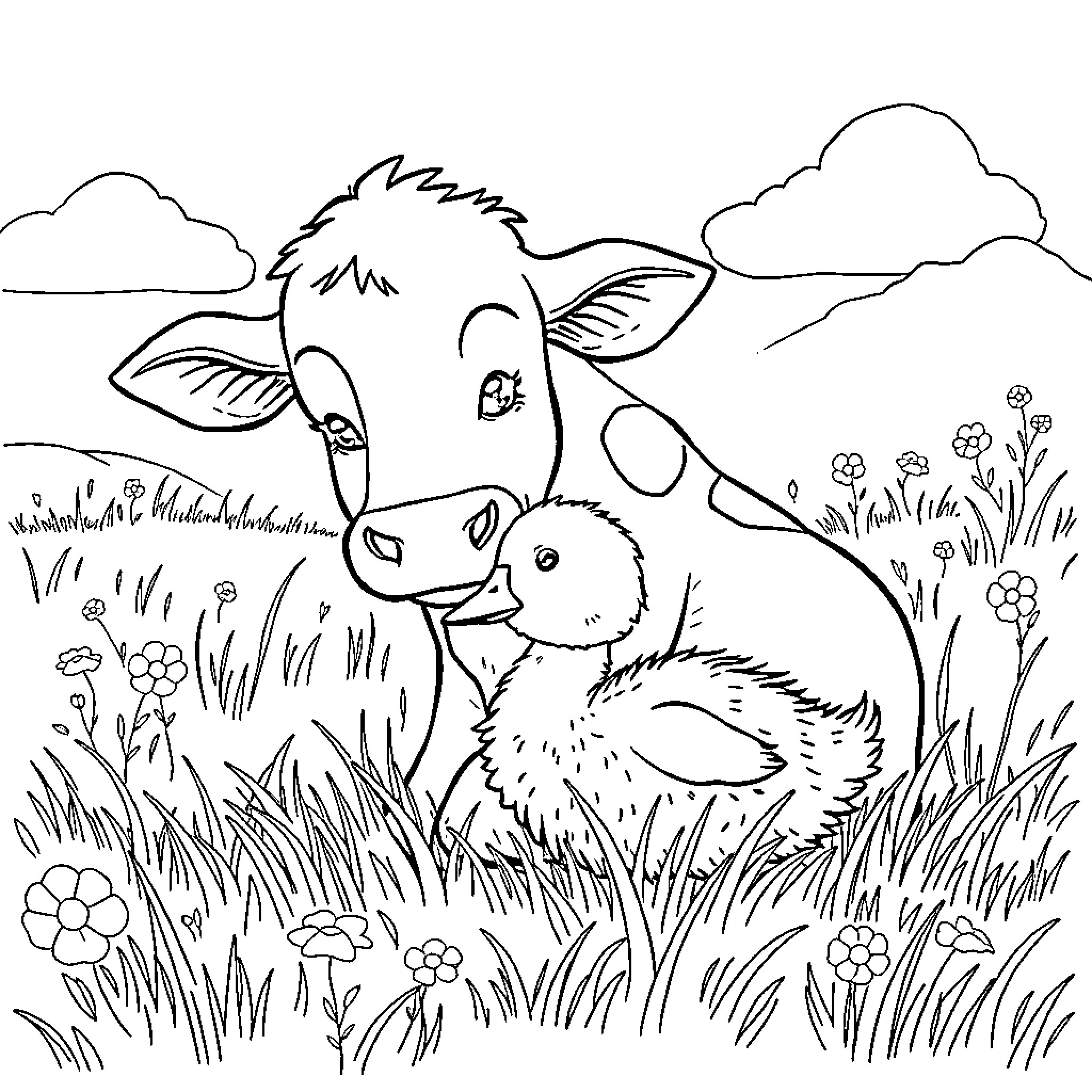 Cow and calf enjoying the meadow Coloring Page (free black-and-white line drawing printable PDF for all, from beginners to advanced learners, including children, teens, adults, and seniors)