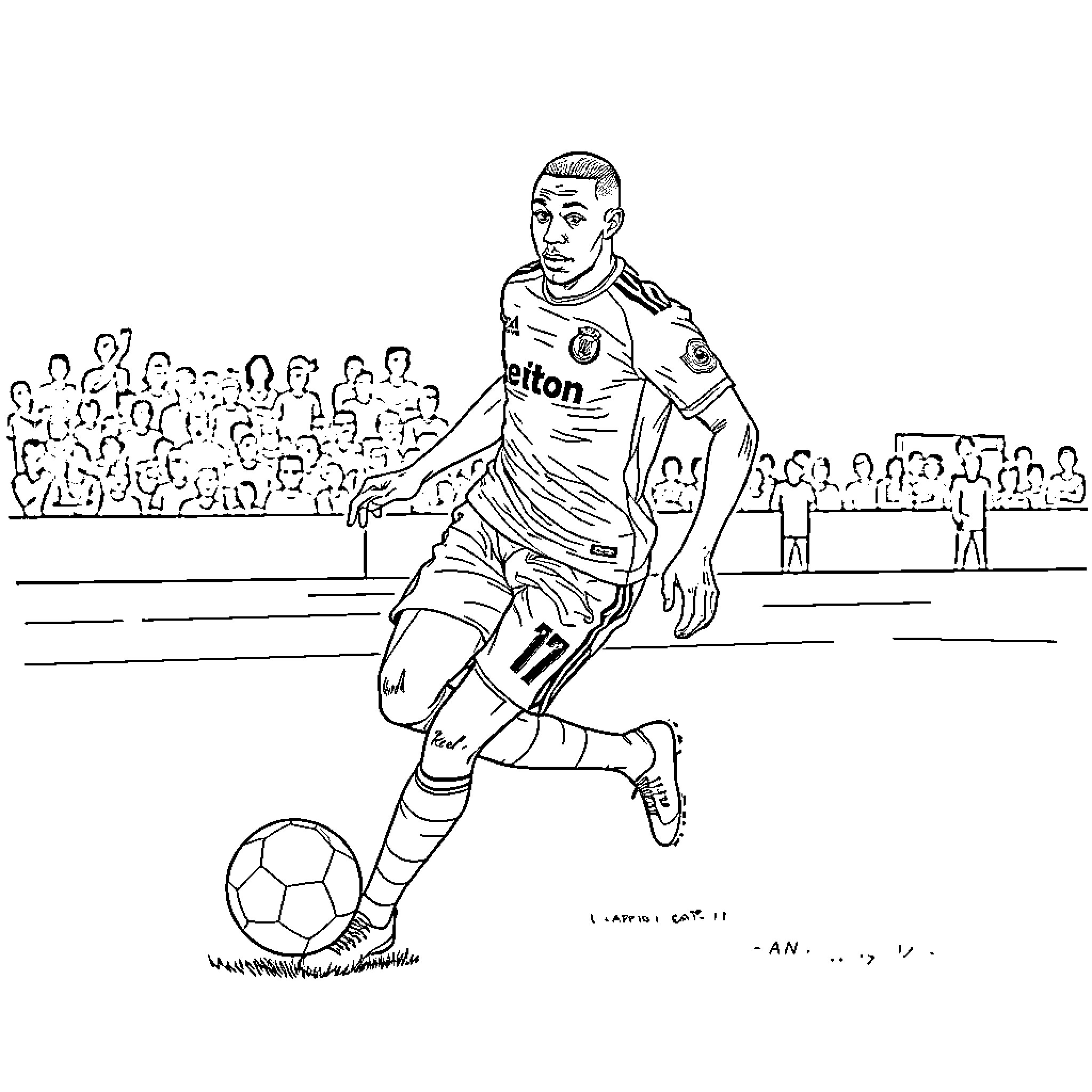 Mbappe in action on the soccer field Coloring Page (free black-and-white line drawing printable PDF for all, from beginners to advanced learners, including children, teens, adults, and seniors)